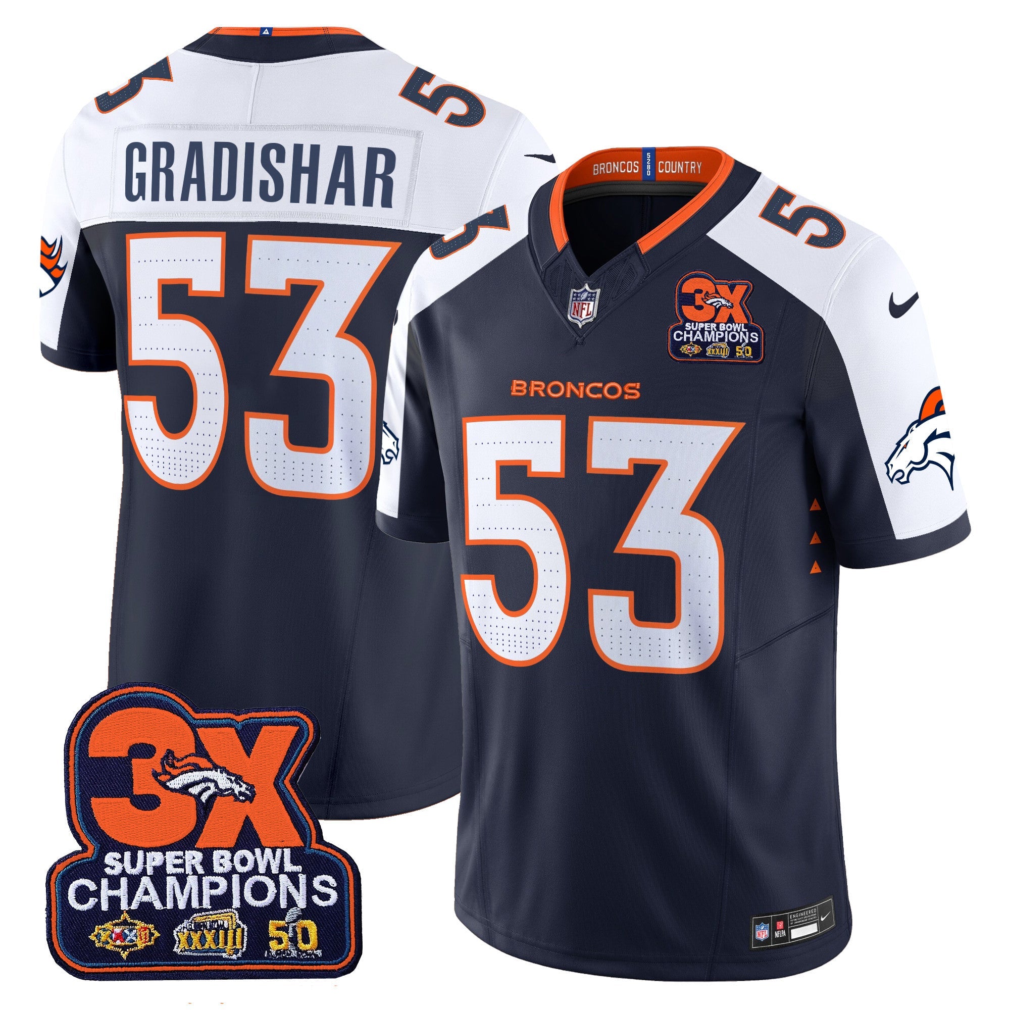 Men's Denver Broncos 3-Time Champions Patch Vapor Limited Jersey - All Stitched