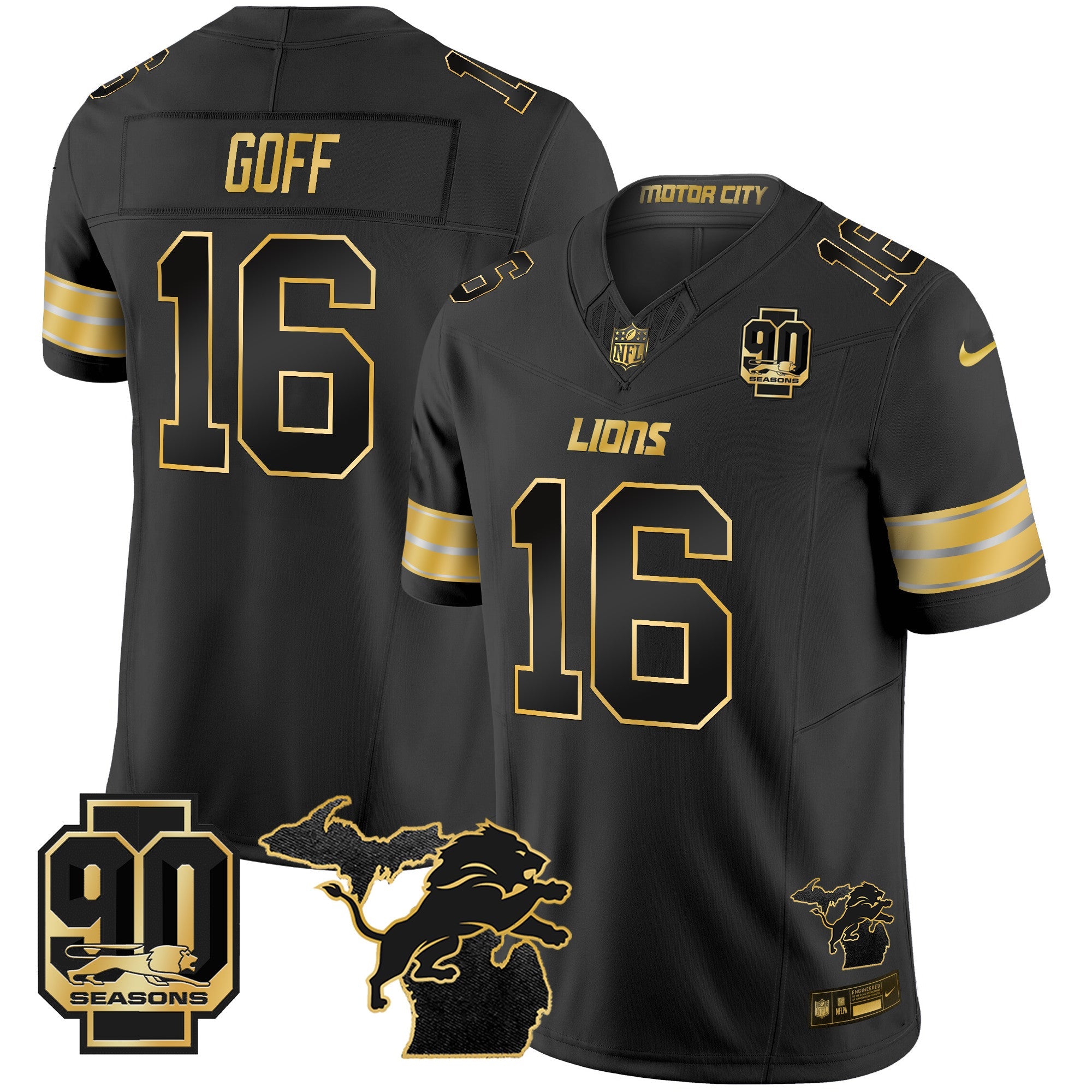 Men's Detroit Lions 2025 Michigan & 90th Season Patch Gold Vapor Limited Jersey - All Stitched
