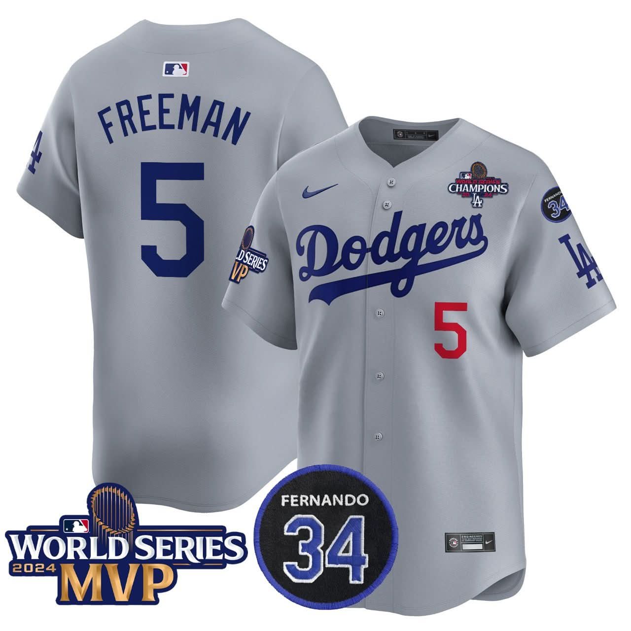 Freddie Freeman LAD 2024 World Series Champions MVP Gray Jersey - Stitched
