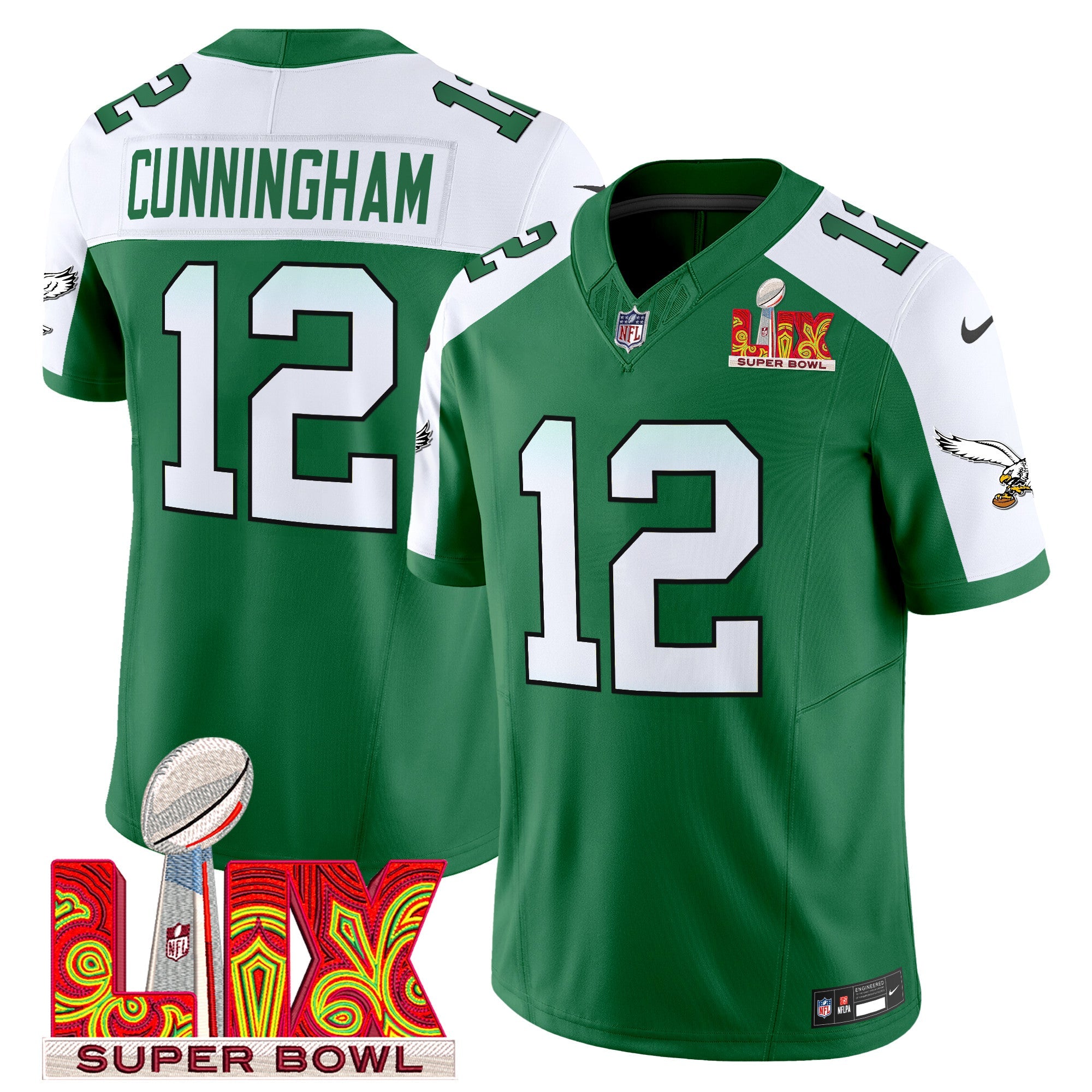 Men's Philadelphia Eagles Kelly Green Super Bowl LIX Patch Vapor Limited Jersey - All Stitched