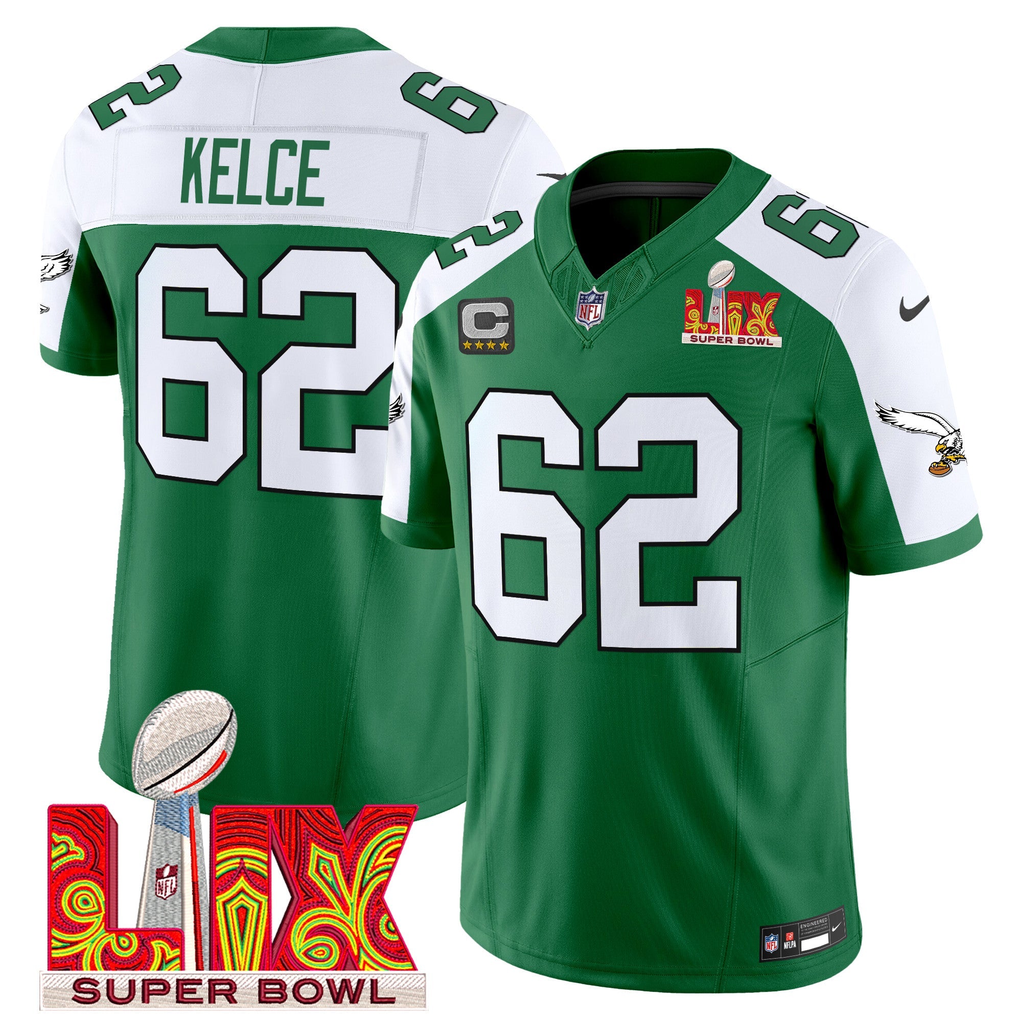 Men's Philadelphia Eagles Kelly Green Super Bowl LIX Patch Vapor Limited Jersey - All Stitched