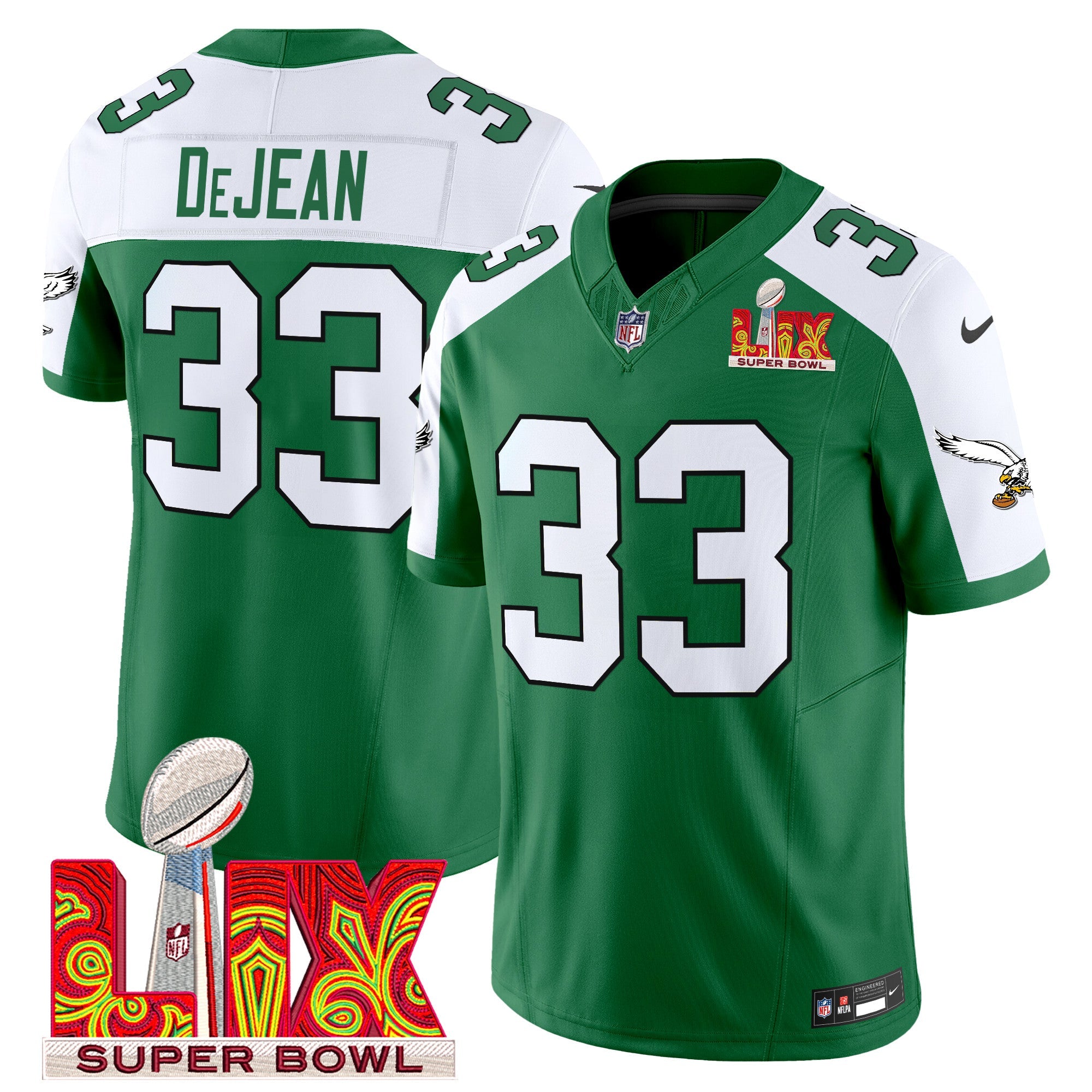 Men's Philadelphia Eagles Kelly Green Super Bowl LIX Patch Vapor Limited Jersey - All Stitched