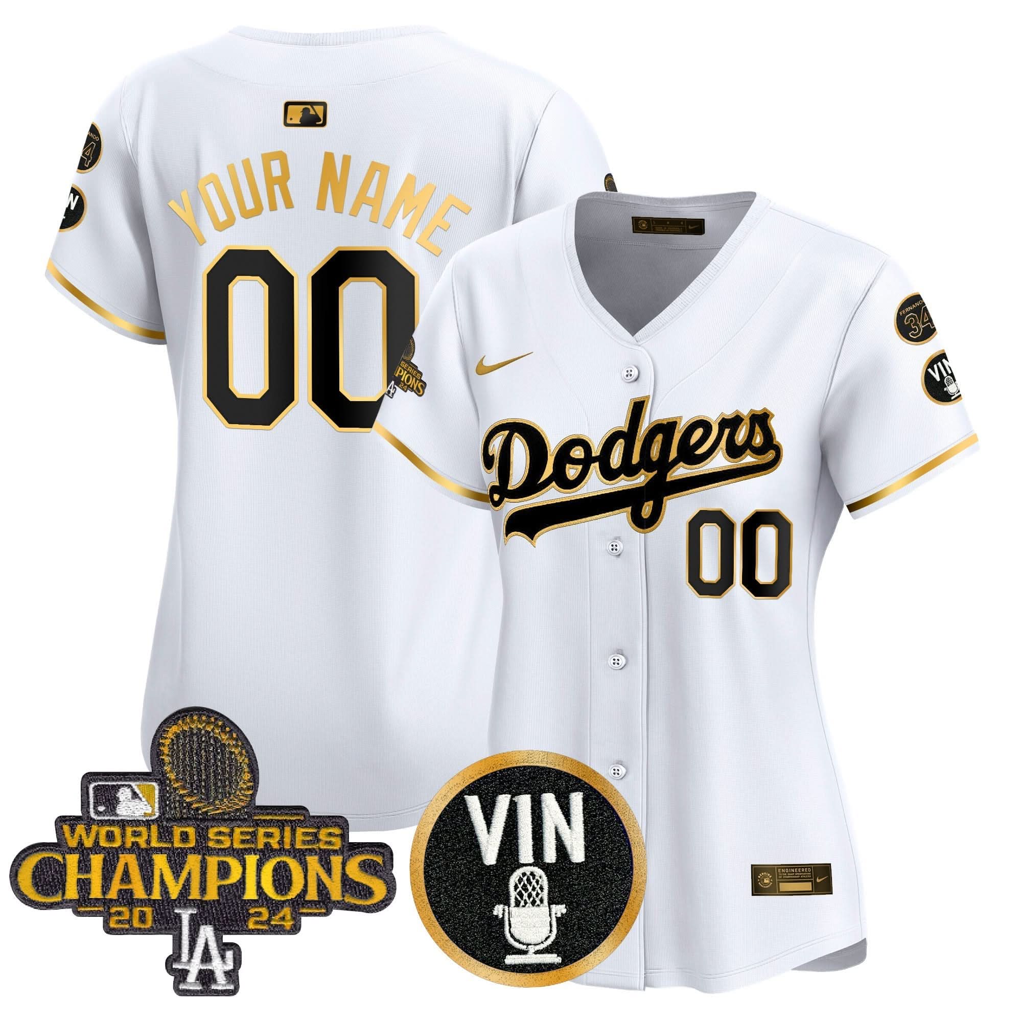 LAD 2025 Vin Scully & #34 Fernando Patch Gold Vapor Premier Limited Custom Jersey - Stitched
