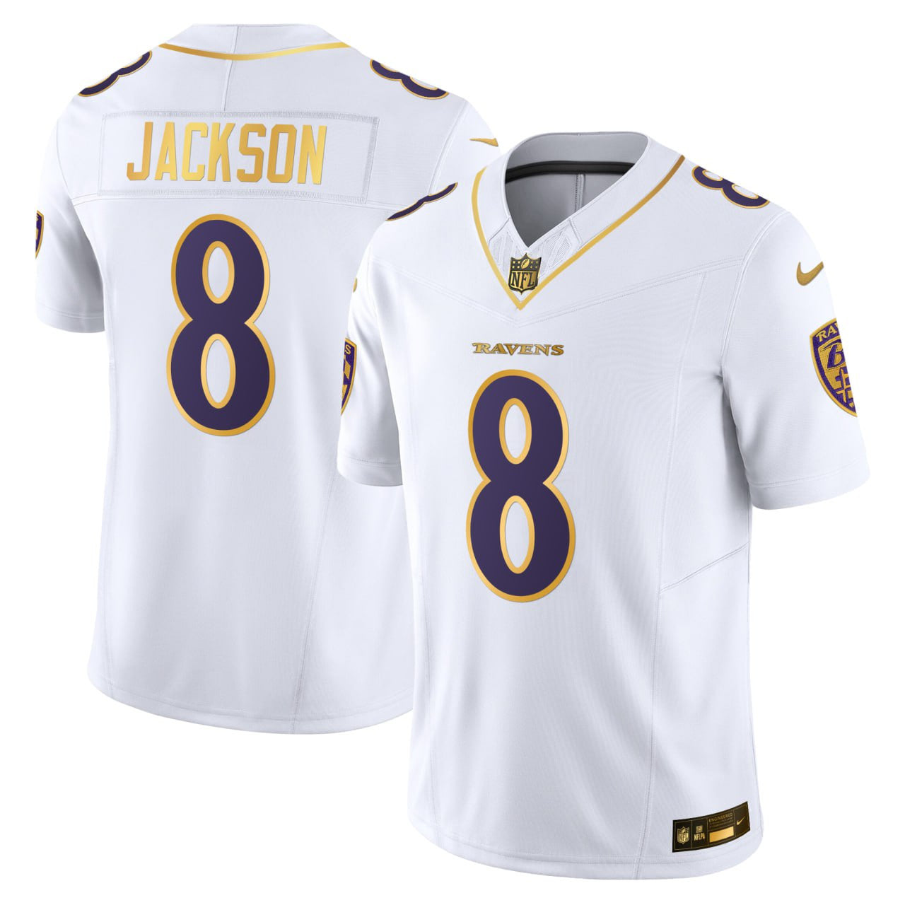 Lamar Jackson Baltimore Ravens White Gold Jersey - All Stitched