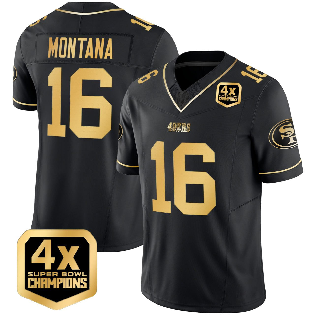 Joe Montana San Francisco 49ers Black Gold 3X Super Bowl Champions Jersey - All Stitched