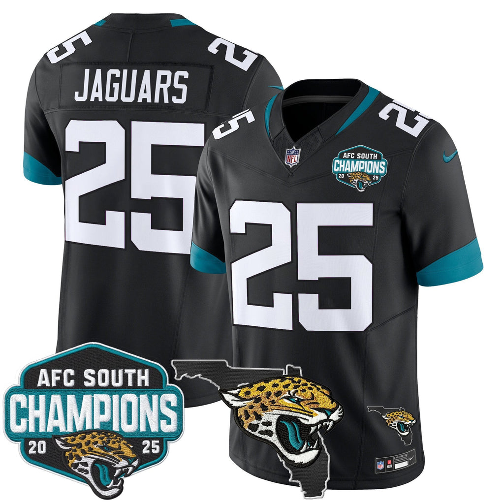 Men's Jacksonville Jaguars 2025 AFC South Division Champions & Florida Patch Vapor Jersey - All Stitched