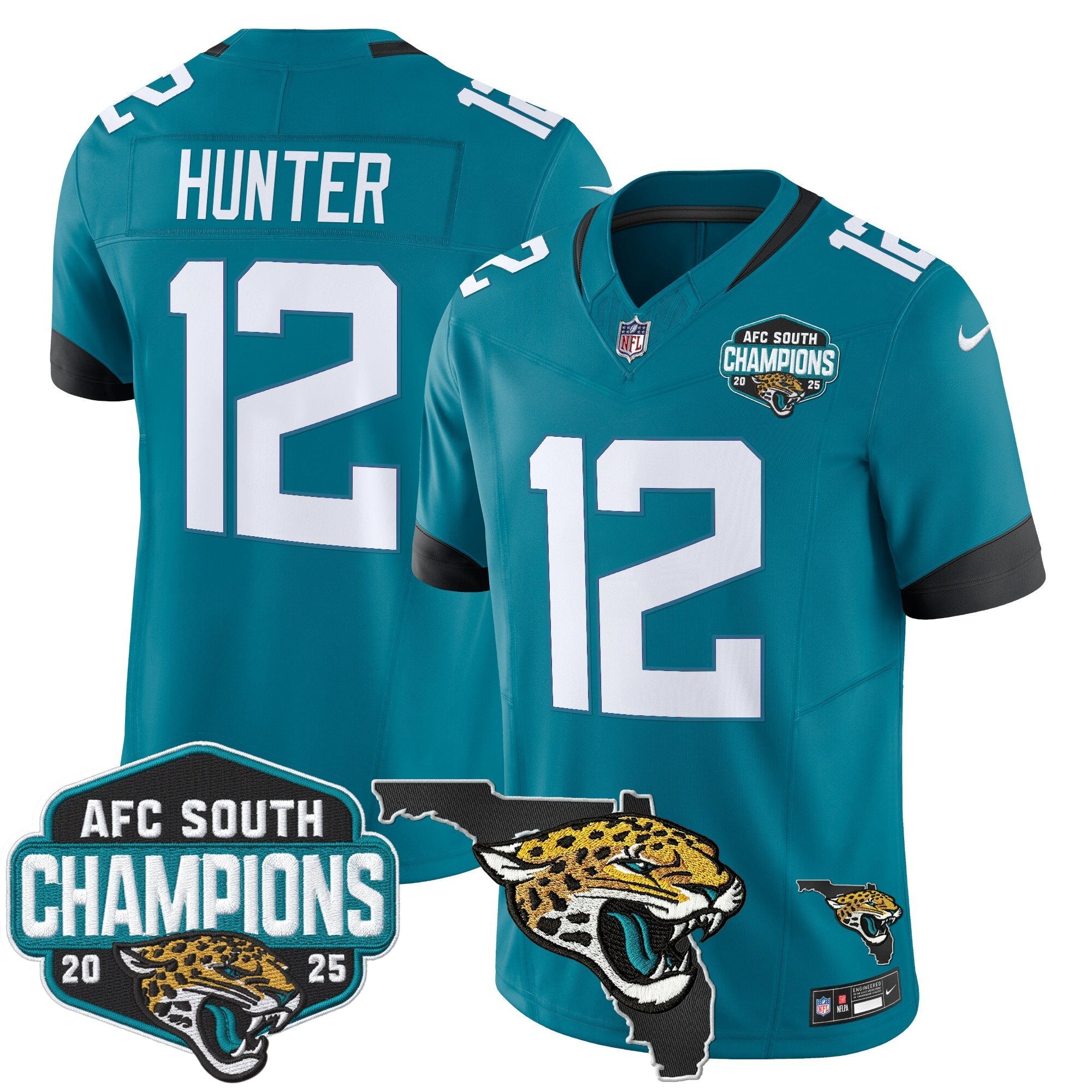 Men's Jacksonville Jaguars 2025 AFC South Division Champions & Florida Patch Vapor Jersey - All Stitched