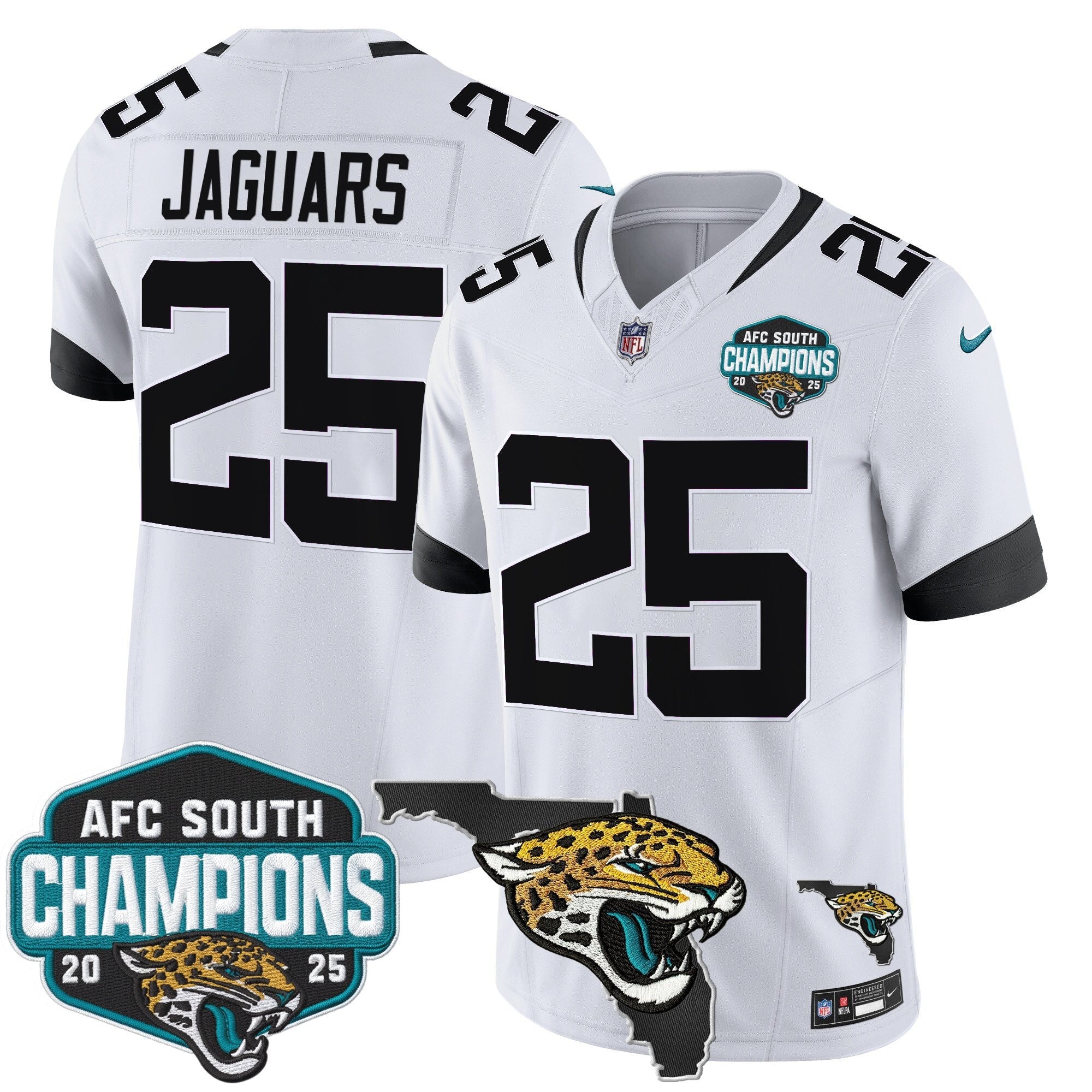 Men's Jacksonville Jaguars 2025 AFC South Division Champions & Florida Patch Vapor Jersey - All Stitched