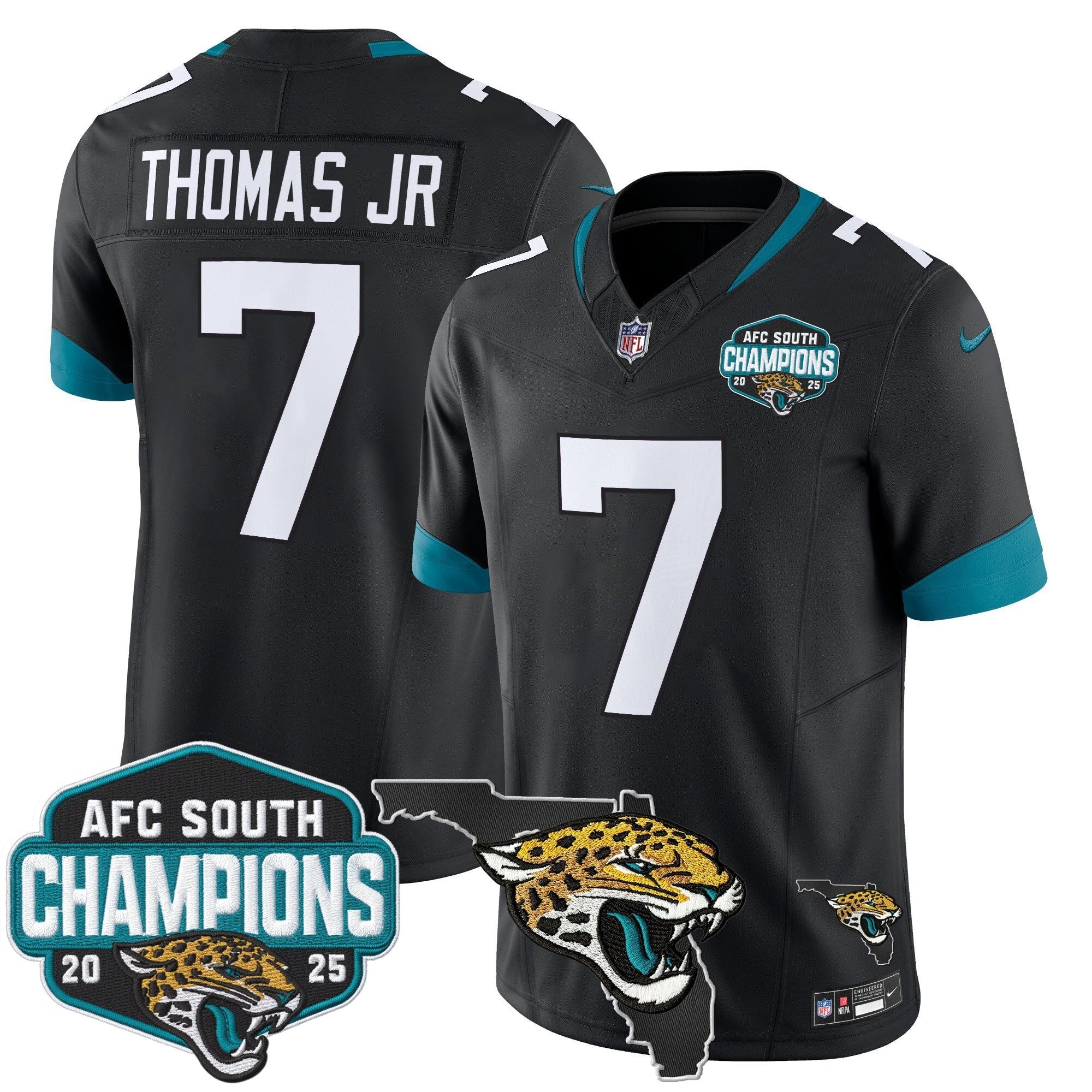 Men's Jacksonville Jaguars 2025 AFC South Division Champions & Florida Patch Vapor Jersey - All Stitched