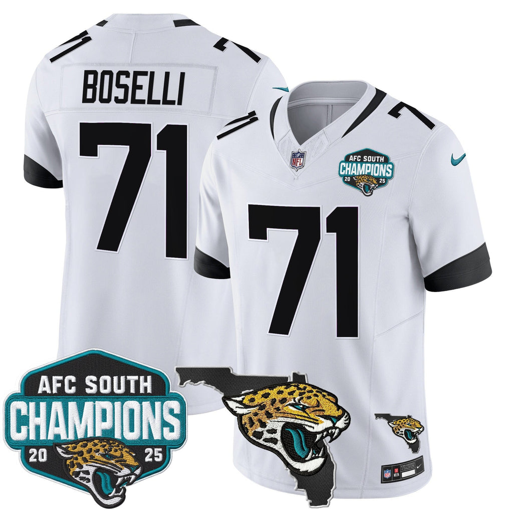 Men's Jacksonville Jaguars 2025 AFC South Division Champions & Florida Patch Vapor Jersey - All Stitched