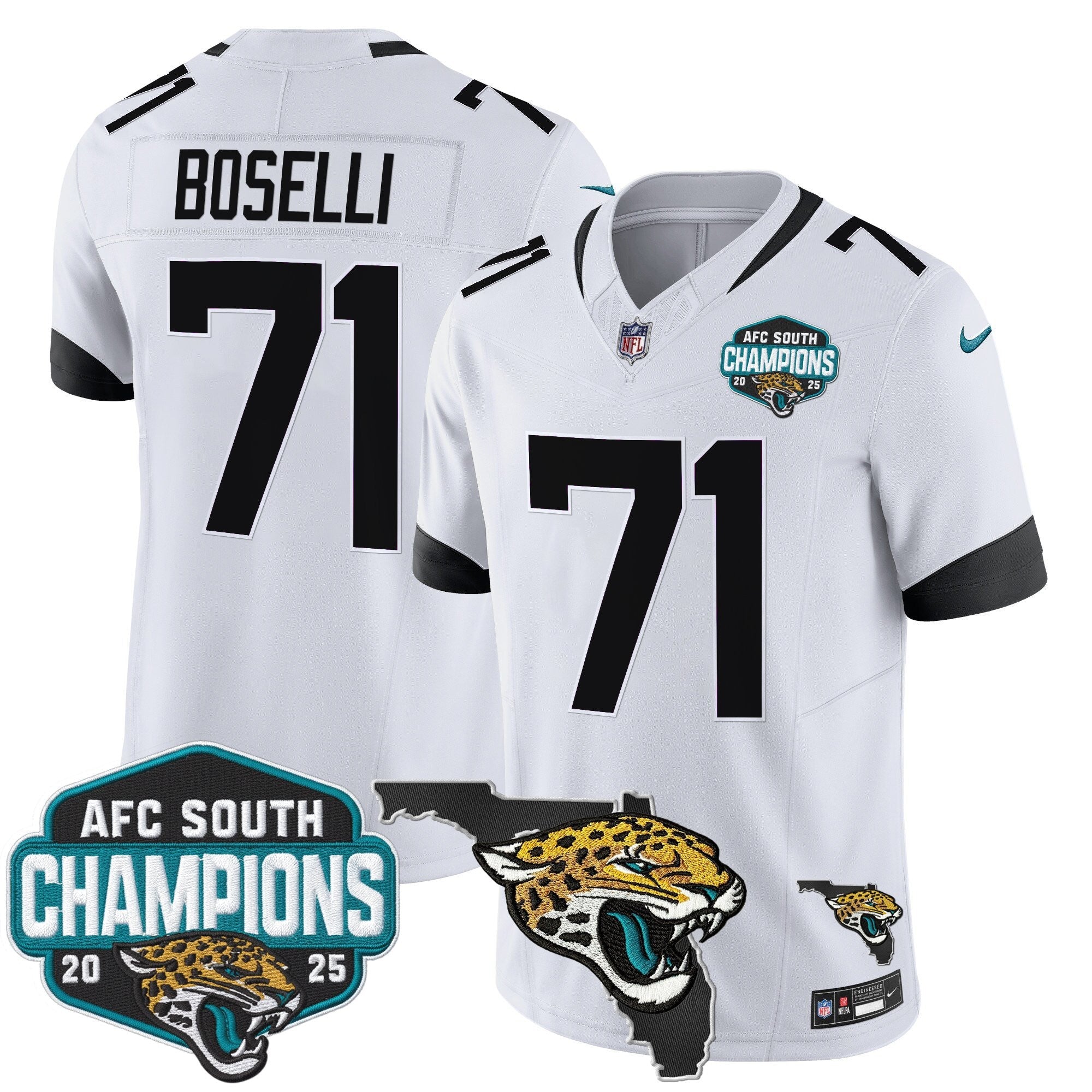 Men's Jacksonville Jaguars 2025 AFC South Division Champions & Florida Patch Vapor Jersey - All Stitched
