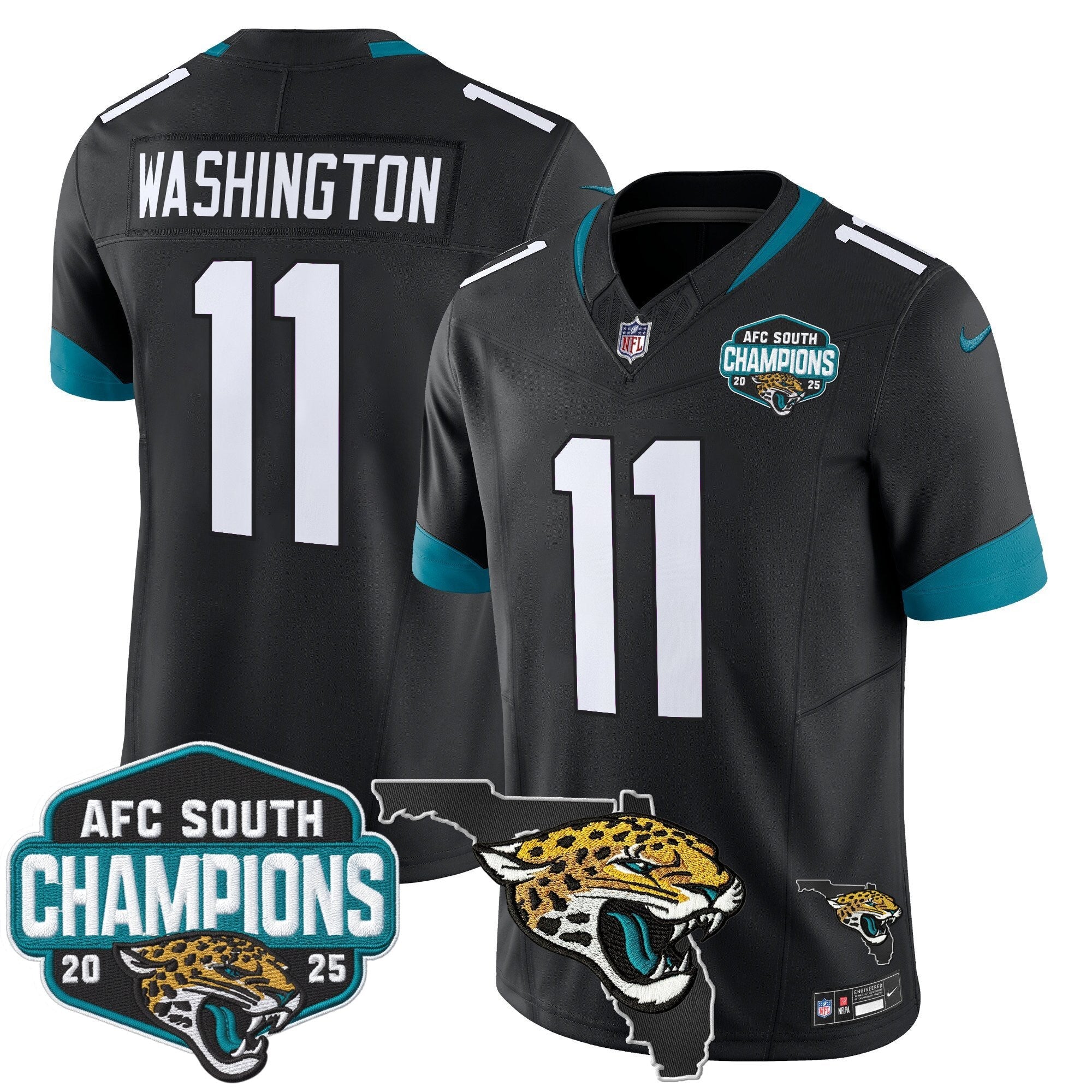 Men's Jacksonville Jaguars 2025 AFC South Division Champions & Florida Patch Vapor Jersey - All Stitched