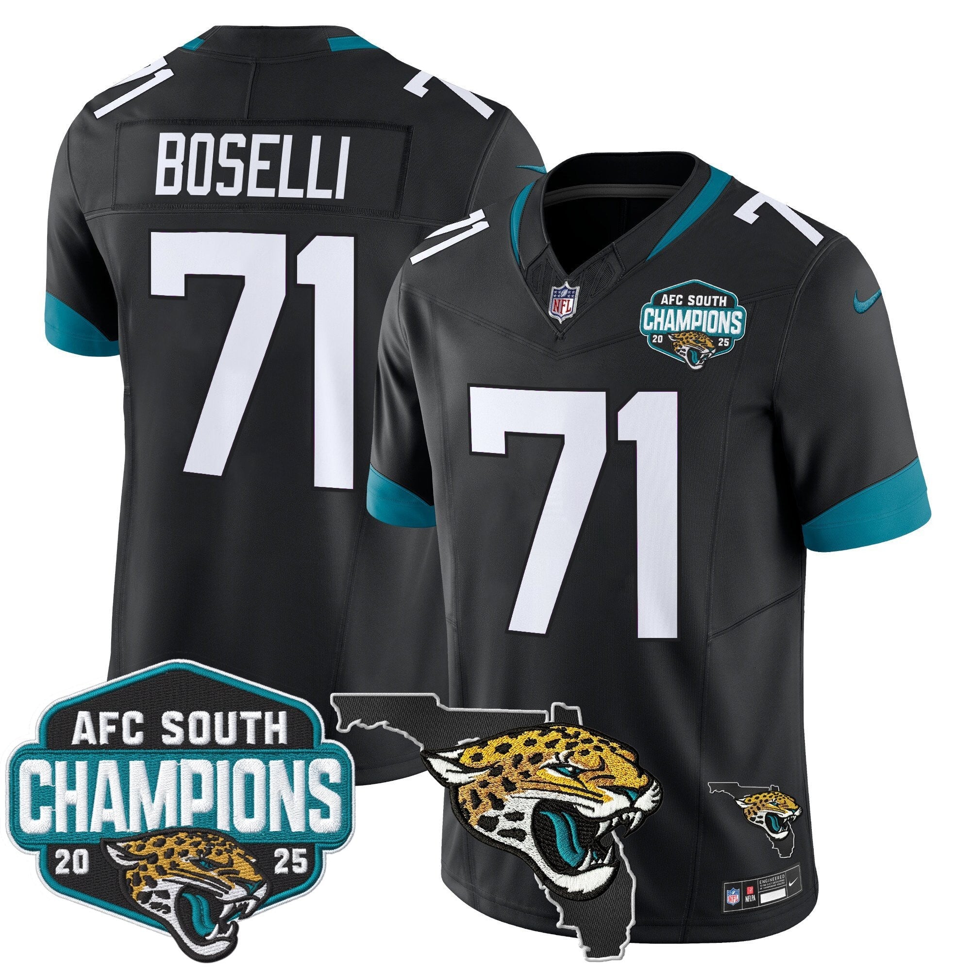 Men's Jacksonville Jaguars 2025 AFC South Division Champions & Florida Patch Vapor Jersey - All Stitched