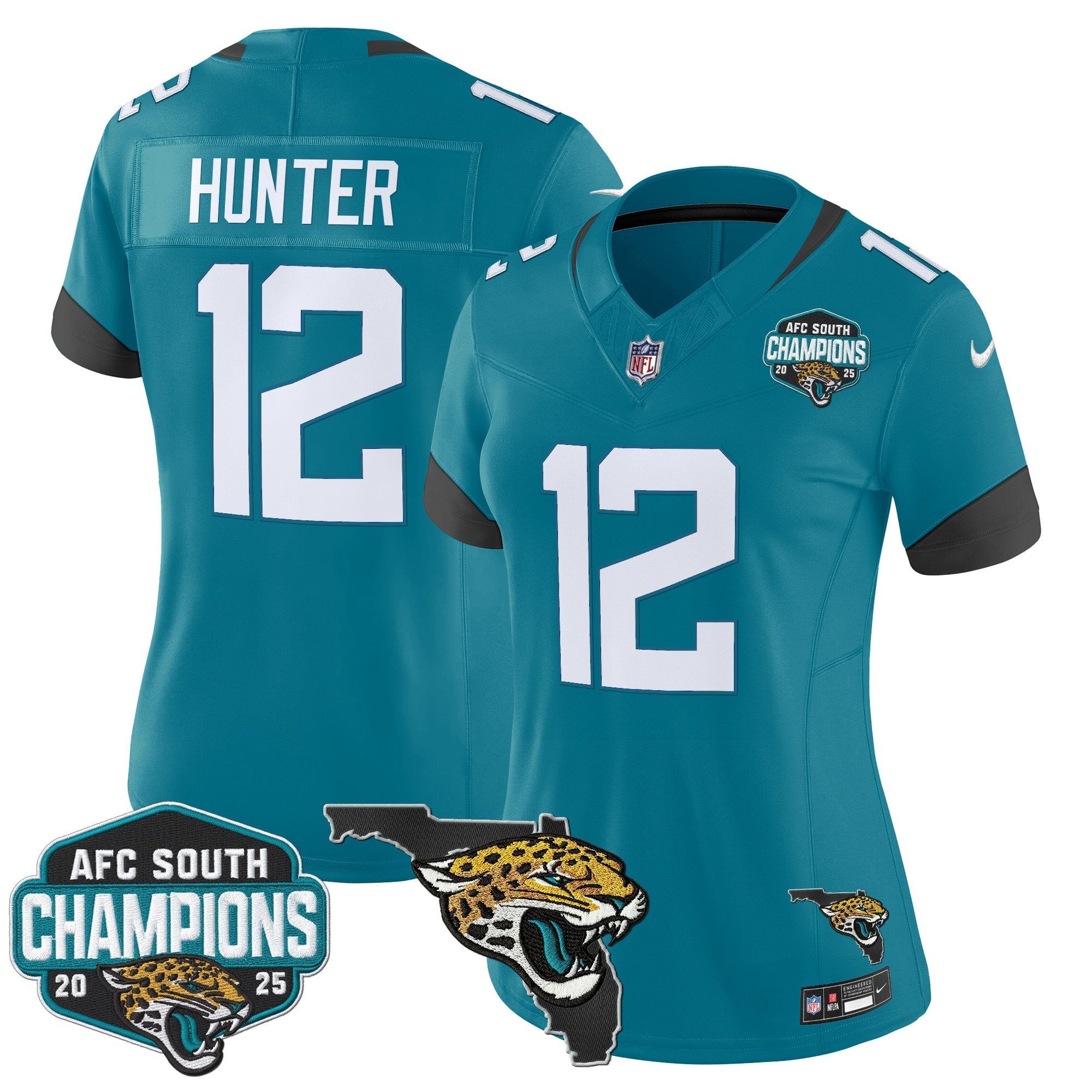 Women's Jacksonville Jaguars 2025 AFC South Division Champions & Florida Patch Vapor Jersey - All Stitched