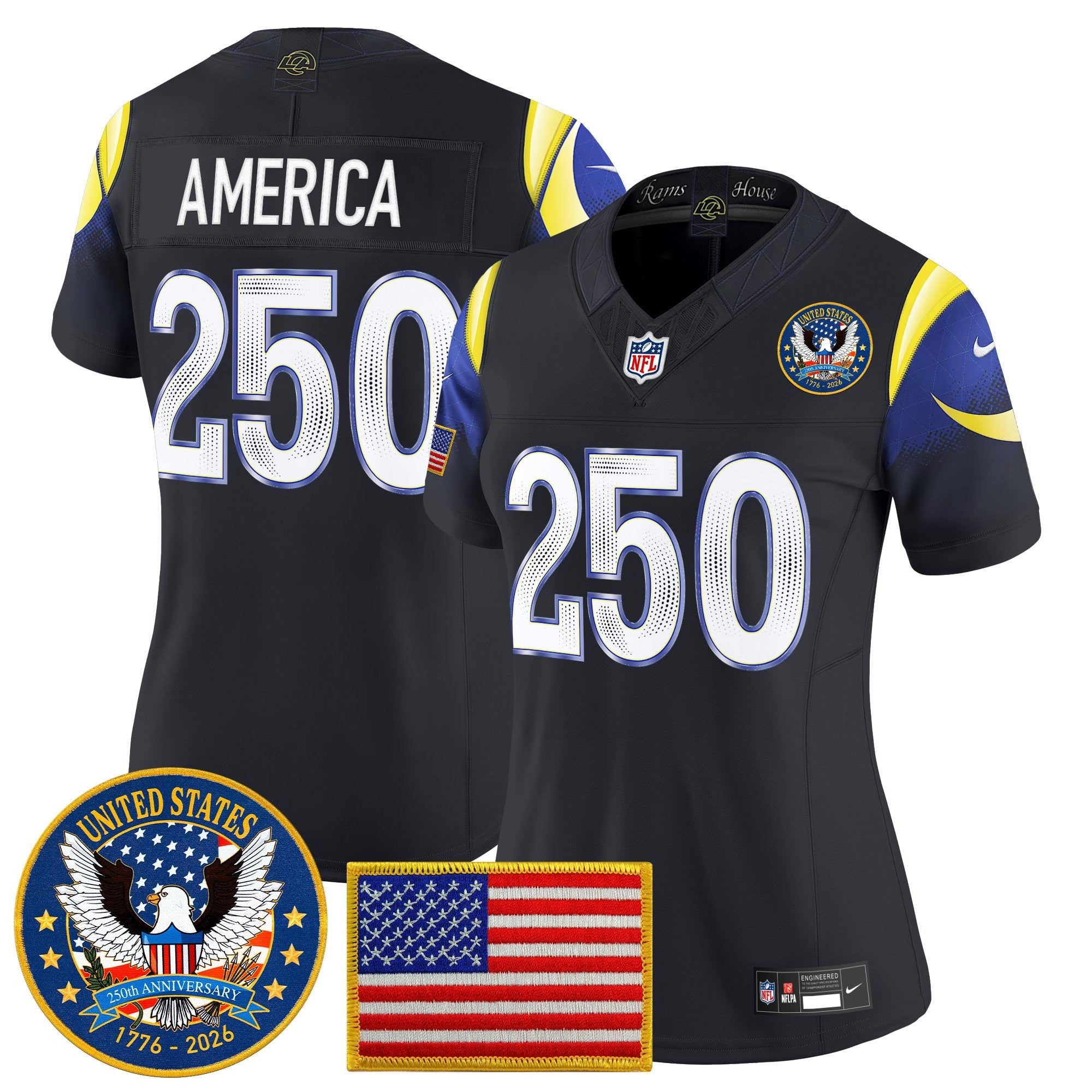 Women's Los Angeles Rams 2025 "United States 250th Anniversary Patch" Vapor Limited Jersey - All Stitched