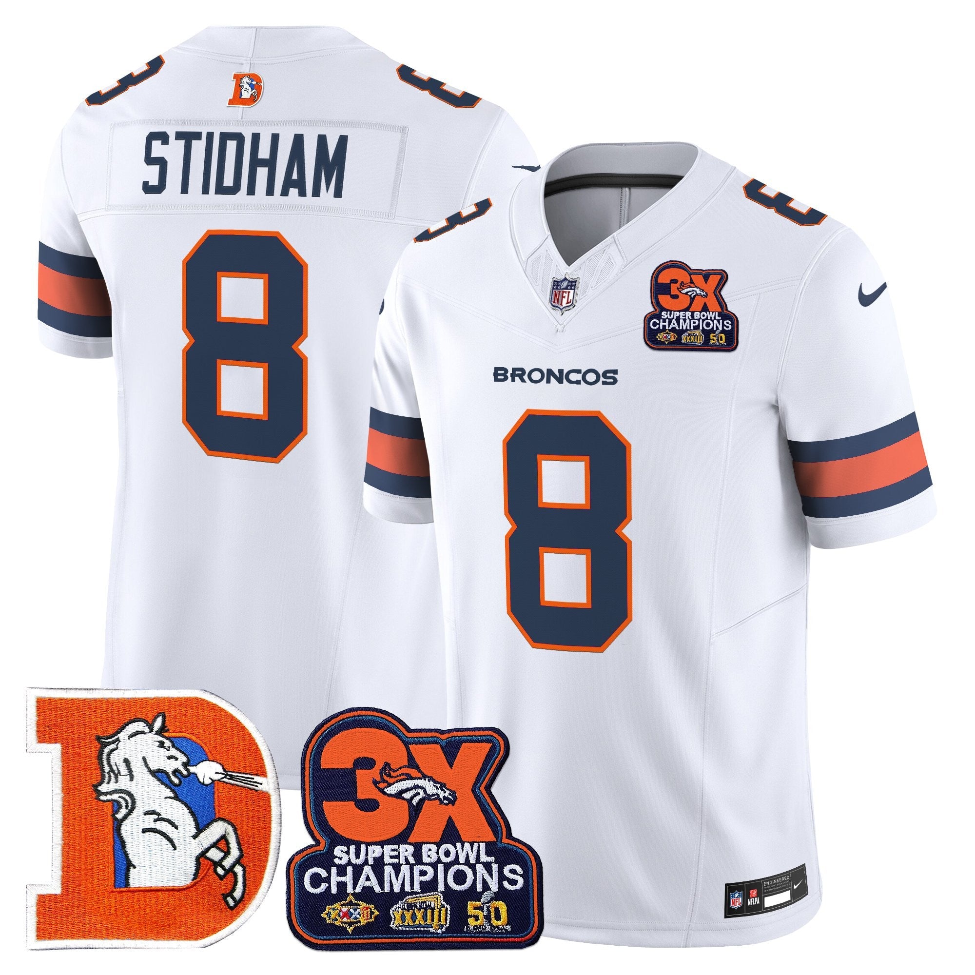 Men's Denver Broncos Throwback Vapor Limited Jersey - 3-Time Champions Patch - All Stitched