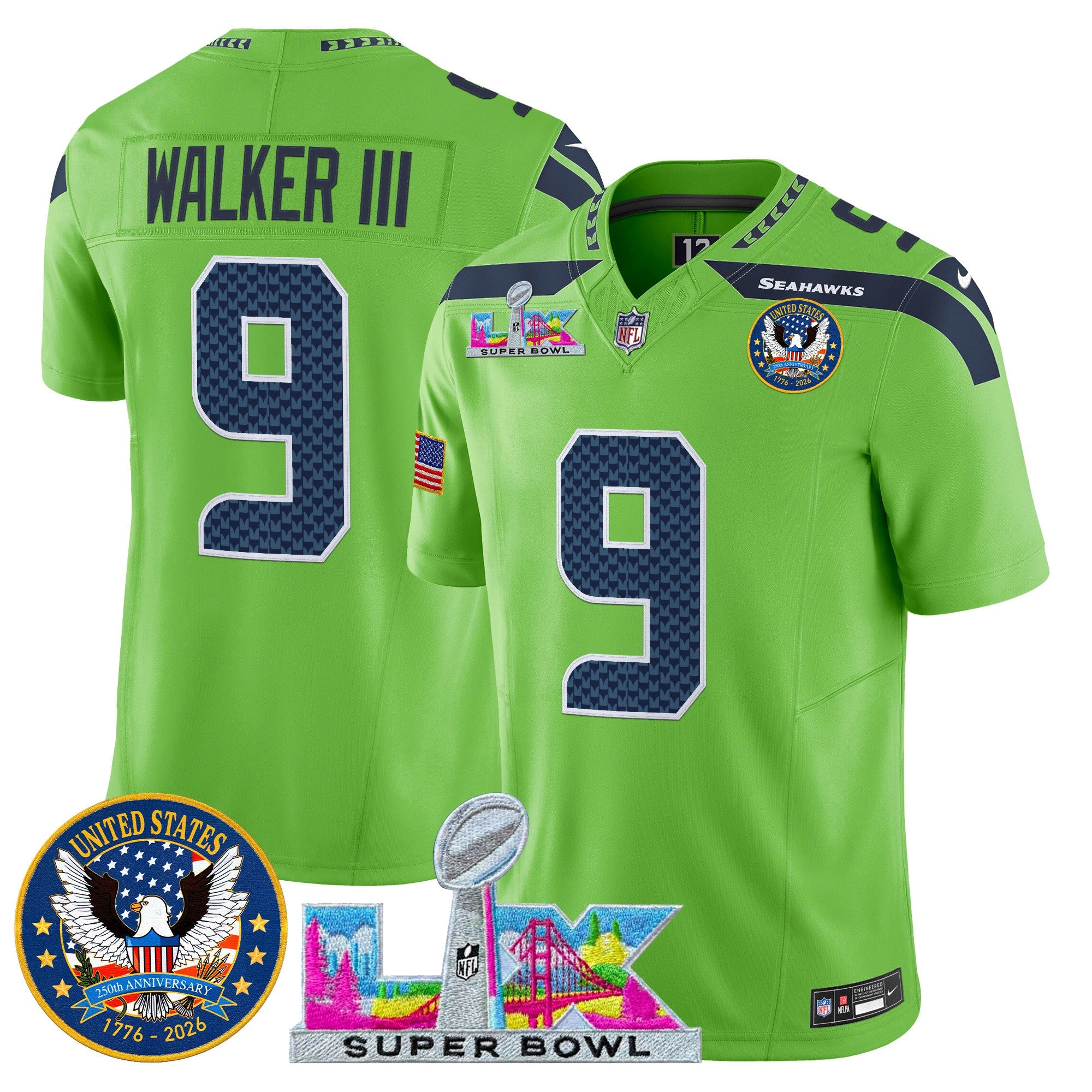 Men's Seattle Seahawks "Super Bowl LX & United States 250th Patch" Vapor Limited Jersey - All Stitched