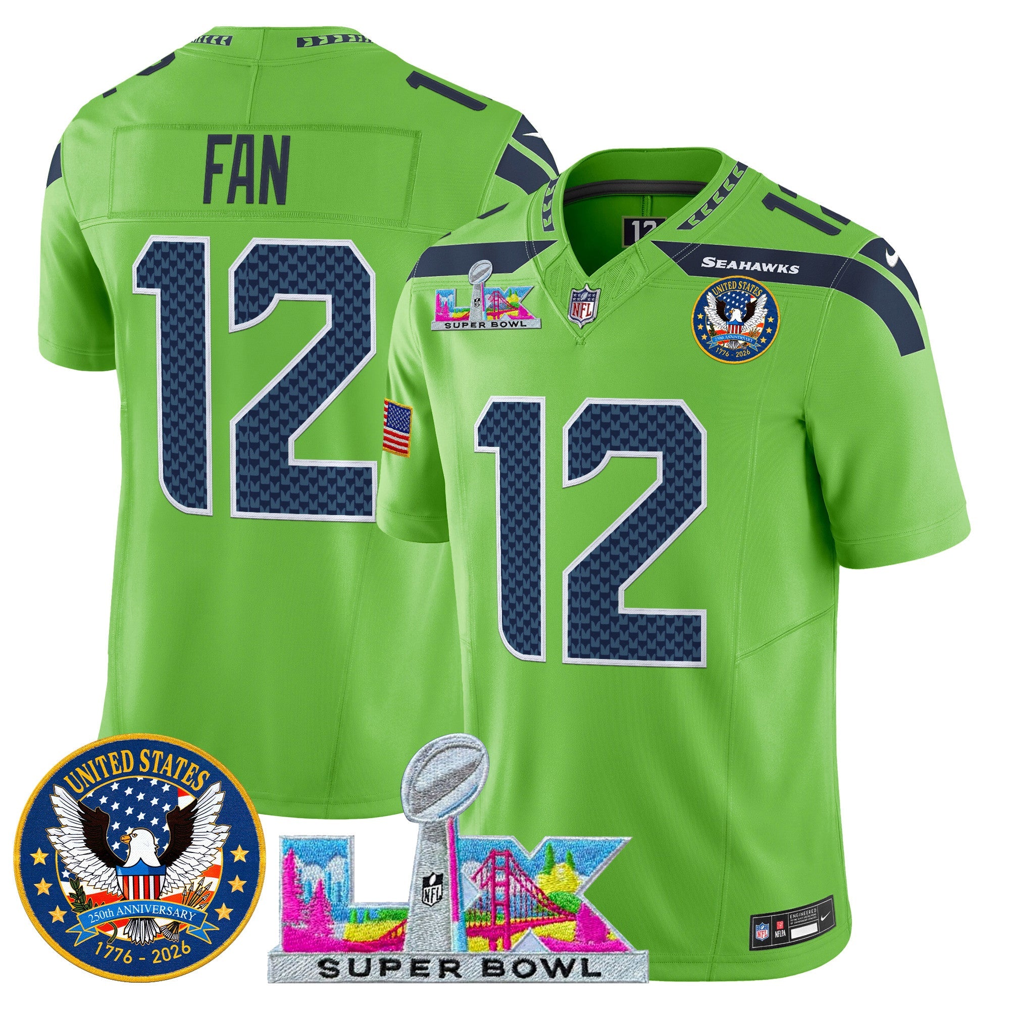 Men's Seattle Seahawks "Super Bowl LX & United States 250th Patch" Vapor Limited Jersey - All Stitched