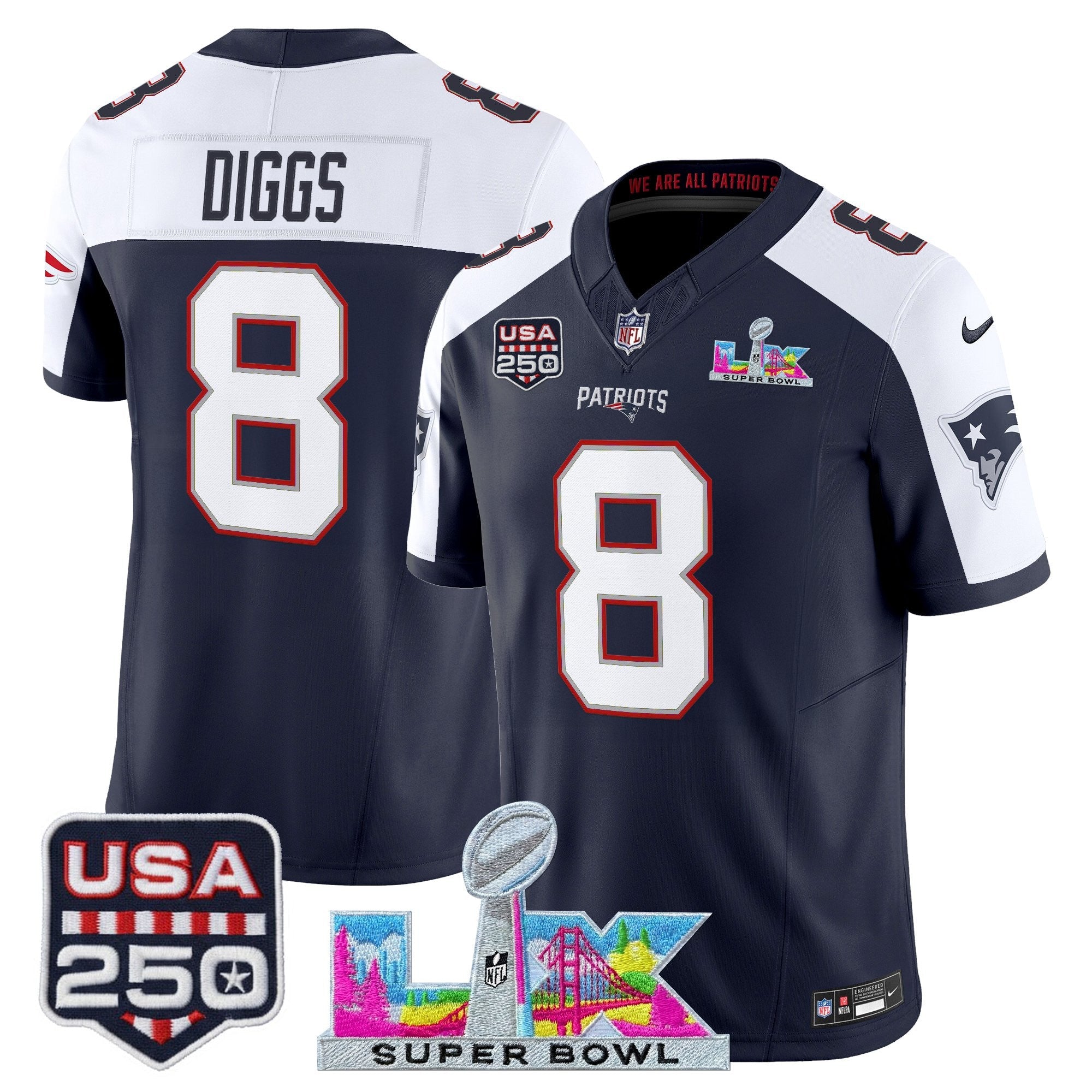 Men's New England Patriots "Super Bowl LX & United States 250th Anniversary Patch" Vapor Limited Jersey - All Stitched