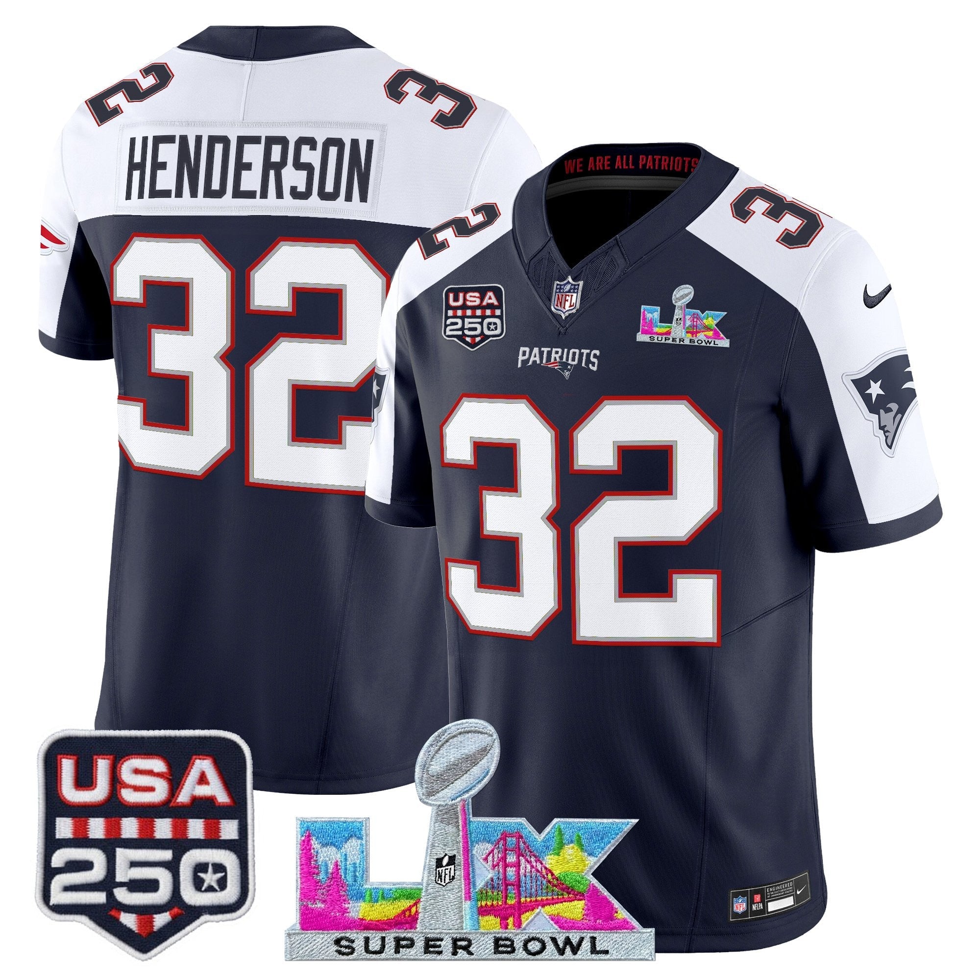 Men's New England Patriots "Super Bowl LX & United States 250th Anniversary Patch" Vapor Limited Jersey - All Stitched