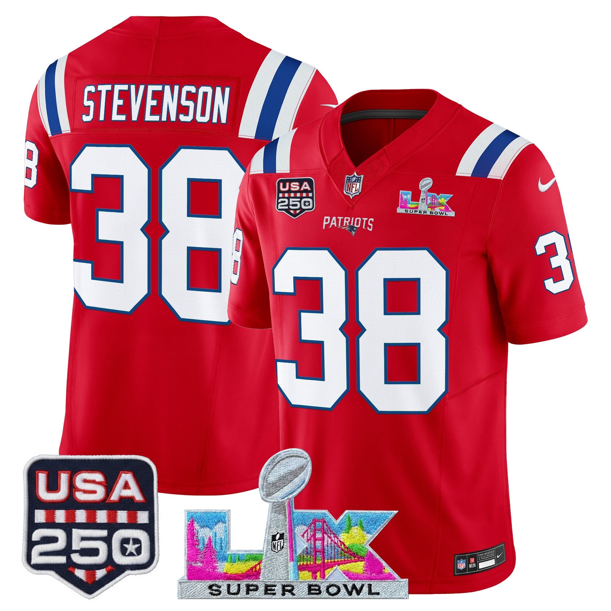 Men's New England Patriots "Super Bowl LX & United States 250th Anniversary Patch" Vapor Limited Jersey - All Stitched