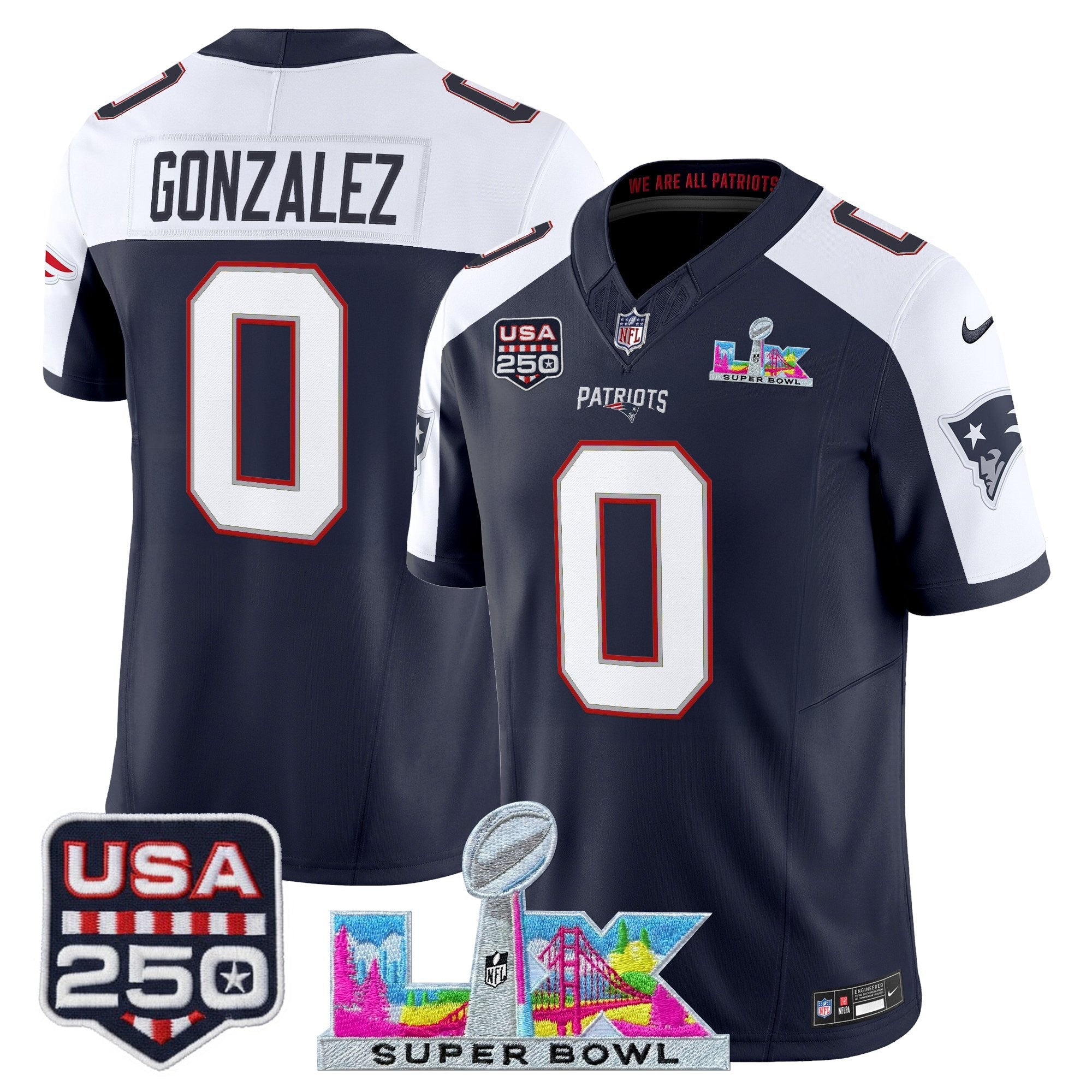 Men's New England Patriots "Super Bowl LX & United States 250th Anniversary Patch" Vapor Limited Jersey - All Stitched