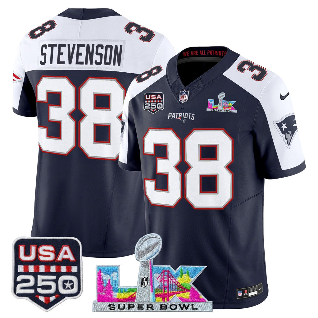 Men's New England Patriots "Super Bowl LX & United States 250th Anniversary Patch" Vapor Limited Jersey - All Stitched