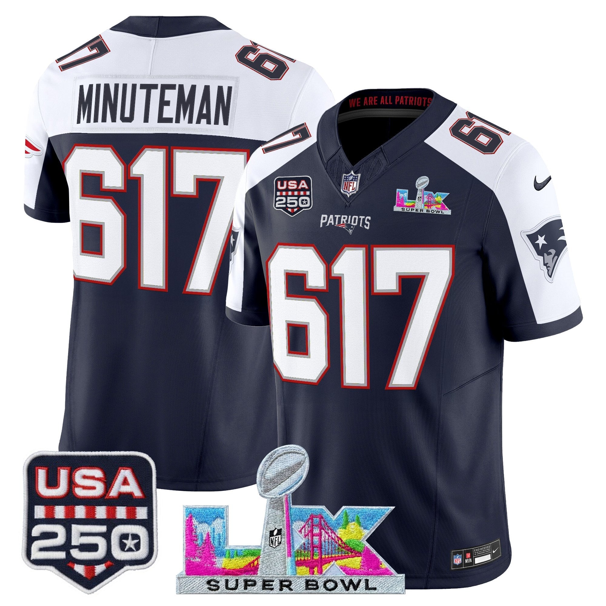 Men's New England Patriots "Super Bowl LX & United States 250th Anniversary Patch" Vapor Limited Jersey - All Stitched