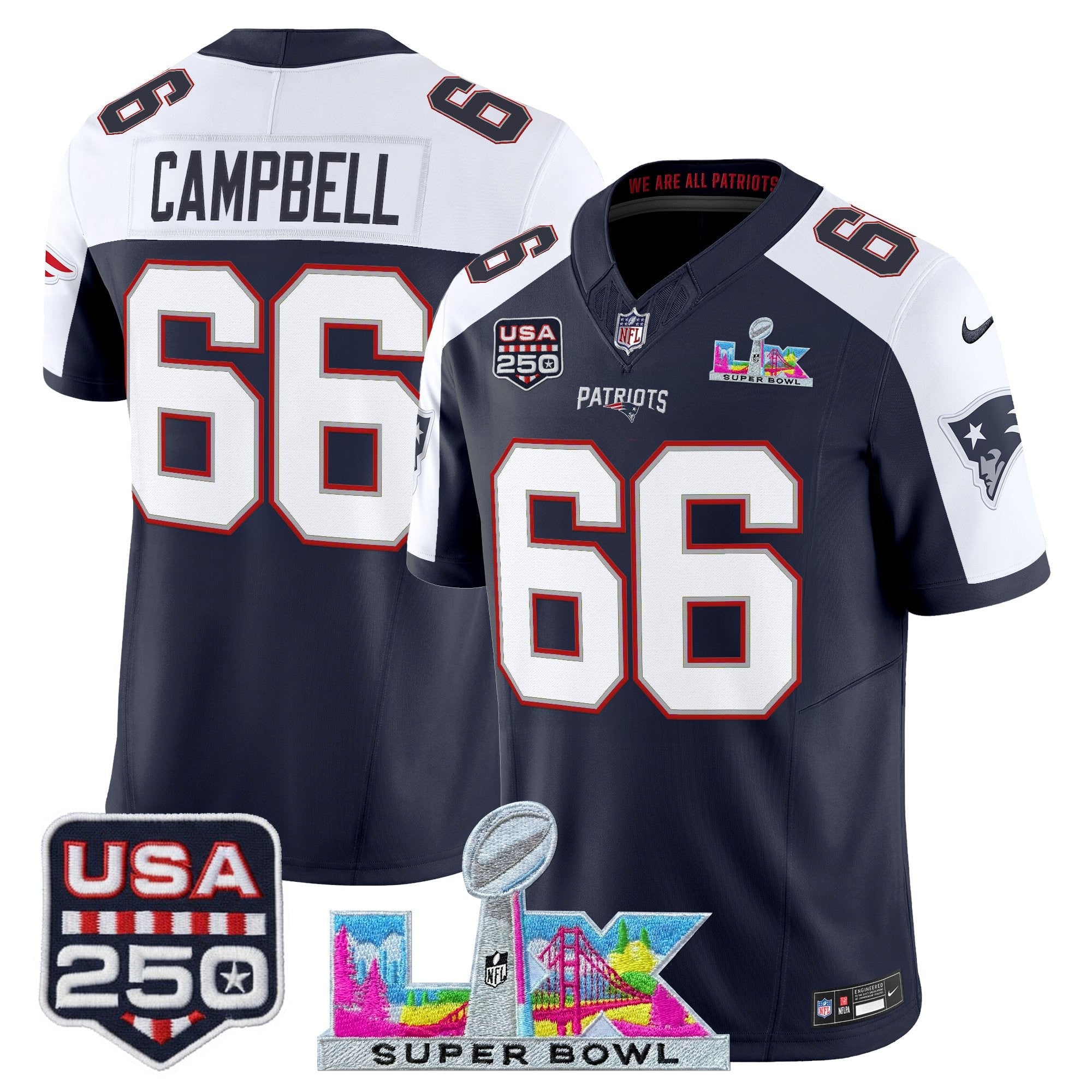 Men's New England Patriots "Super Bowl LX & United States 250th Anniversary Patch" Vapor Limited Jersey - All Stitched