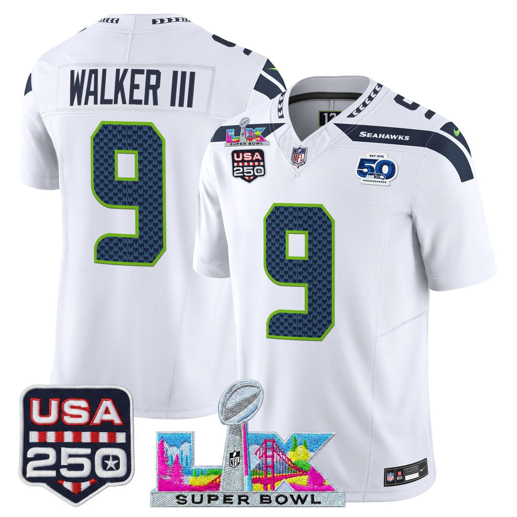 Men's Seattle Seahawks "Super Bowl LX & United States 250th Anniversary Patch" Vapor Limited Jersey - All Stitched