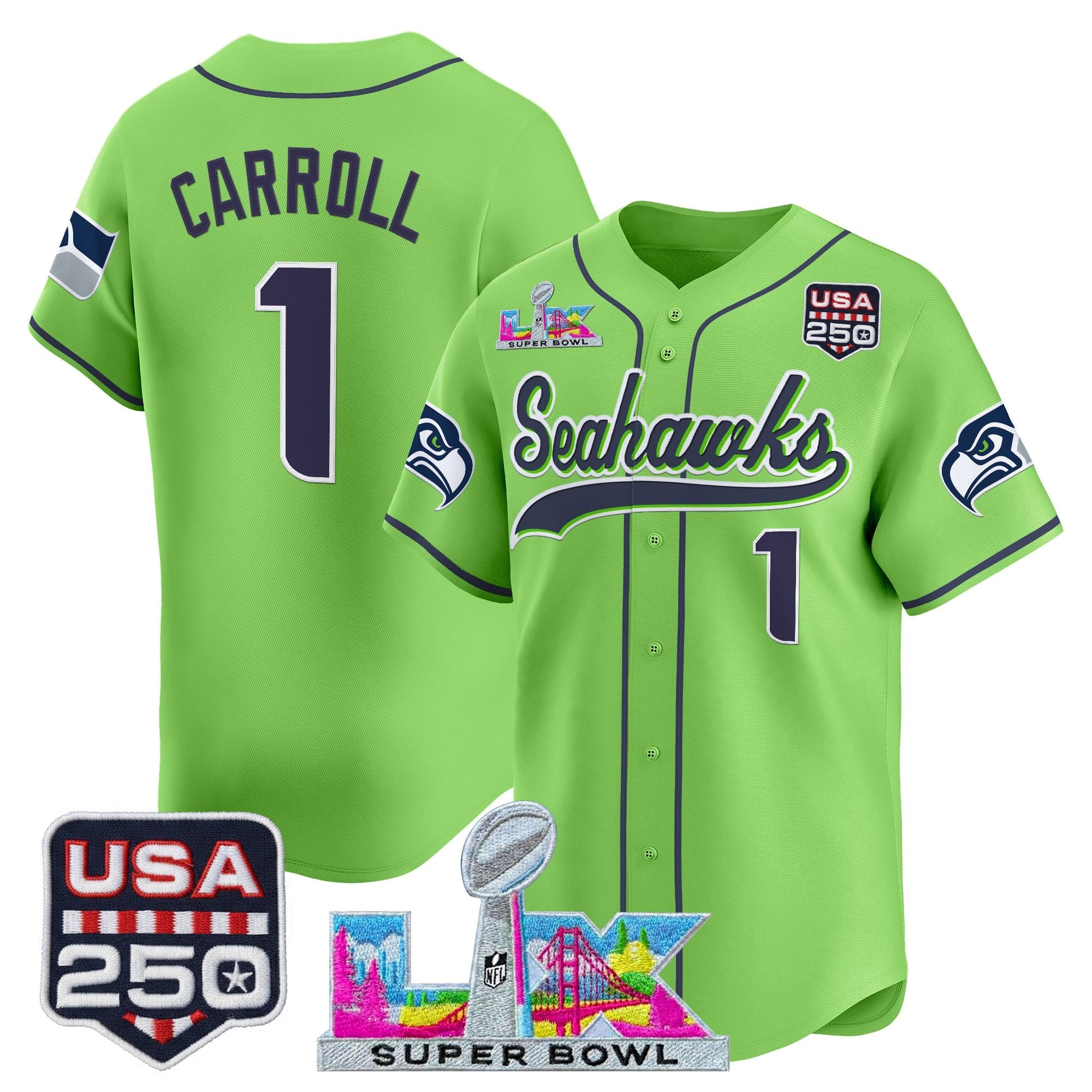 Men's Seattle Seahawks "Super Bowl LX & 250America Patch" Vapor Baseball Jersey - All Stitched