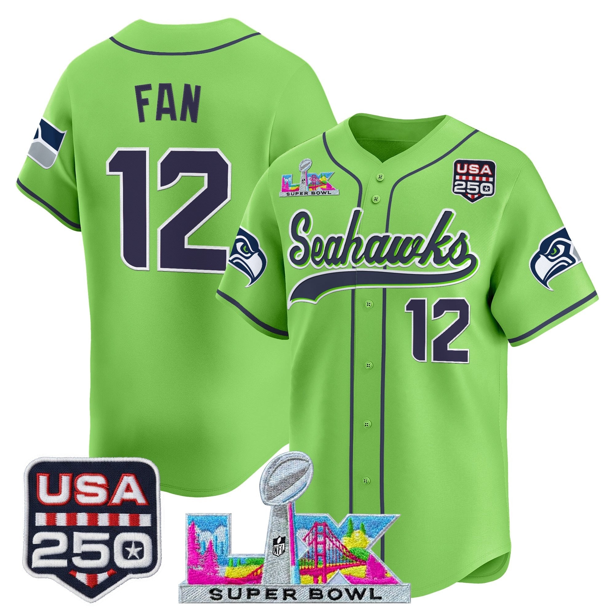 Men's Seattle Seahawks "Super Bowl LX & 250America Patch" Vapor Baseball Jersey - All Stitched