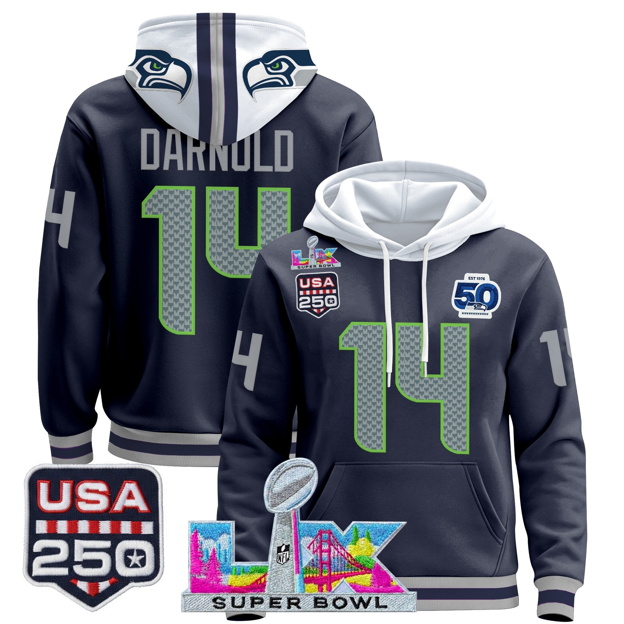 Men's Seattle Seahawks "Super Bowl LX & United States 250th Anniversary Patch" Premier Hoodie - All Stitched
