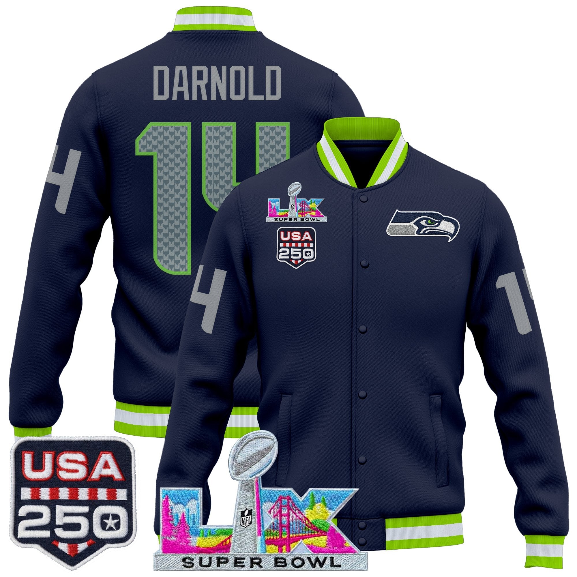 Men's Seattle Seahawks "Super Bowl LX & United States 250th Anniversary Patch" Jacket- All Stitched