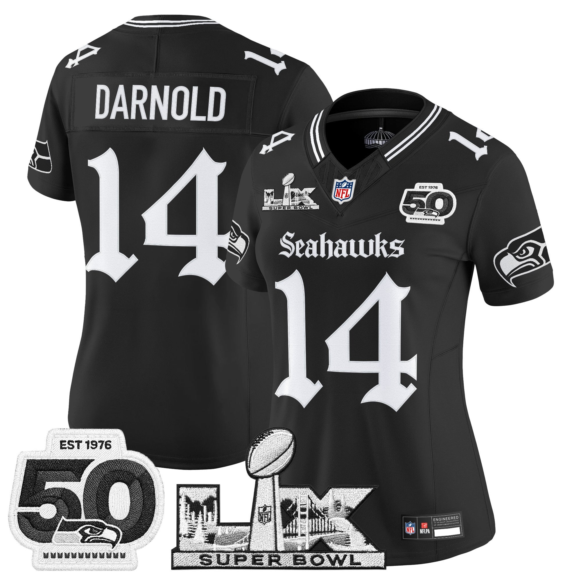 Women's Seattle Seahawks "Super Bowl LX & 50th Patch" Vapor Limited Jersey - Gothic Edition - All Stitched