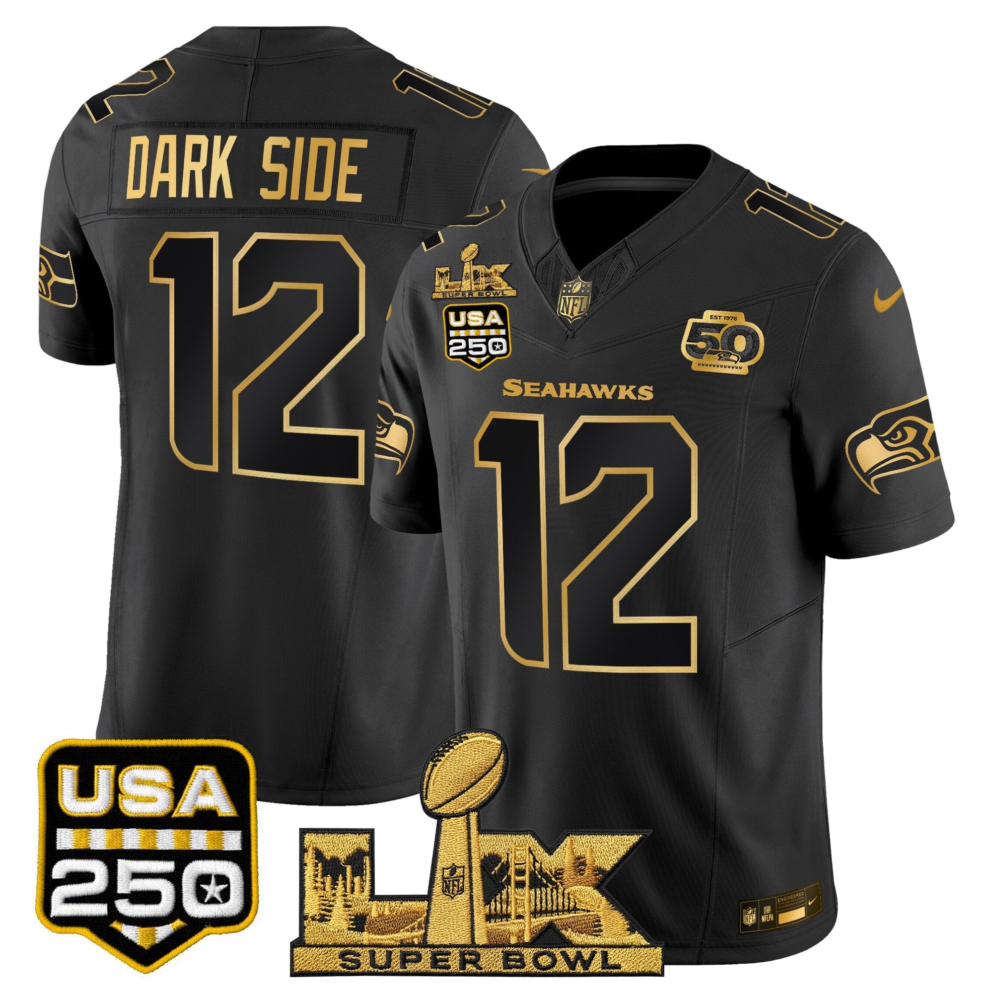 Men's Seattle Seahawks "Super Bowl LX & United States 250th Anniversary Patch" Gold Vapor Limited Jersey - All Stitched