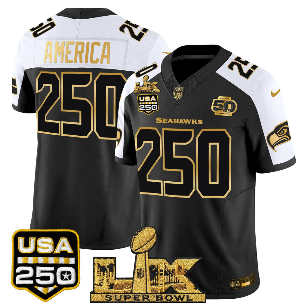 Men's Seattle Seahawks "Super Bowl LX & United States 250th Anniversary Patch" Gold Vapor Limited Jersey - All Stitched