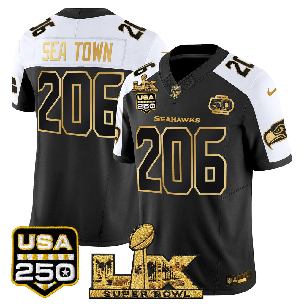 Men's Seattle Seahawks "Super Bowl LX & United States 250th Anniversary Patch" Gold Vapor Limited Jersey - All Stitched