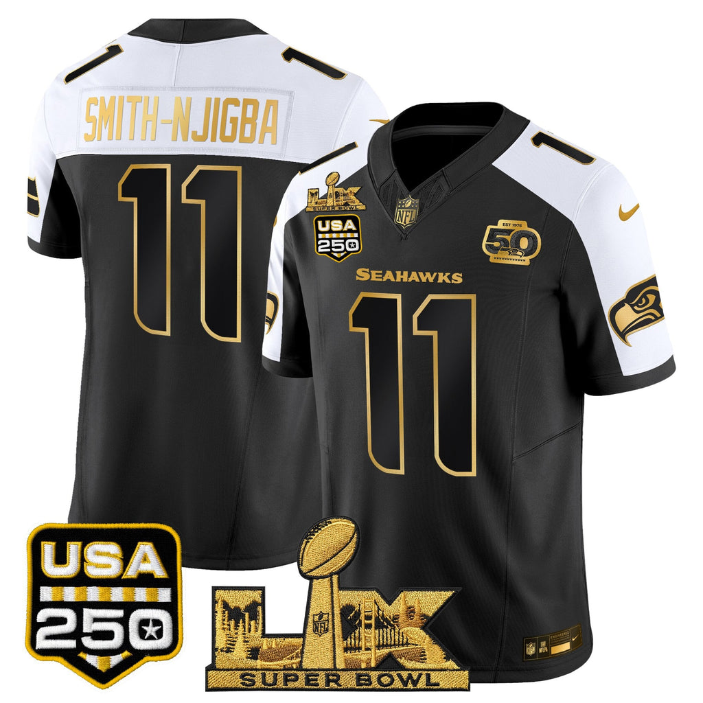 Men's Seattle Seahawks "Super Bowl LX & United States 250th Anniversary Patch" Gold Vapor Limited Jersey - All Stitched