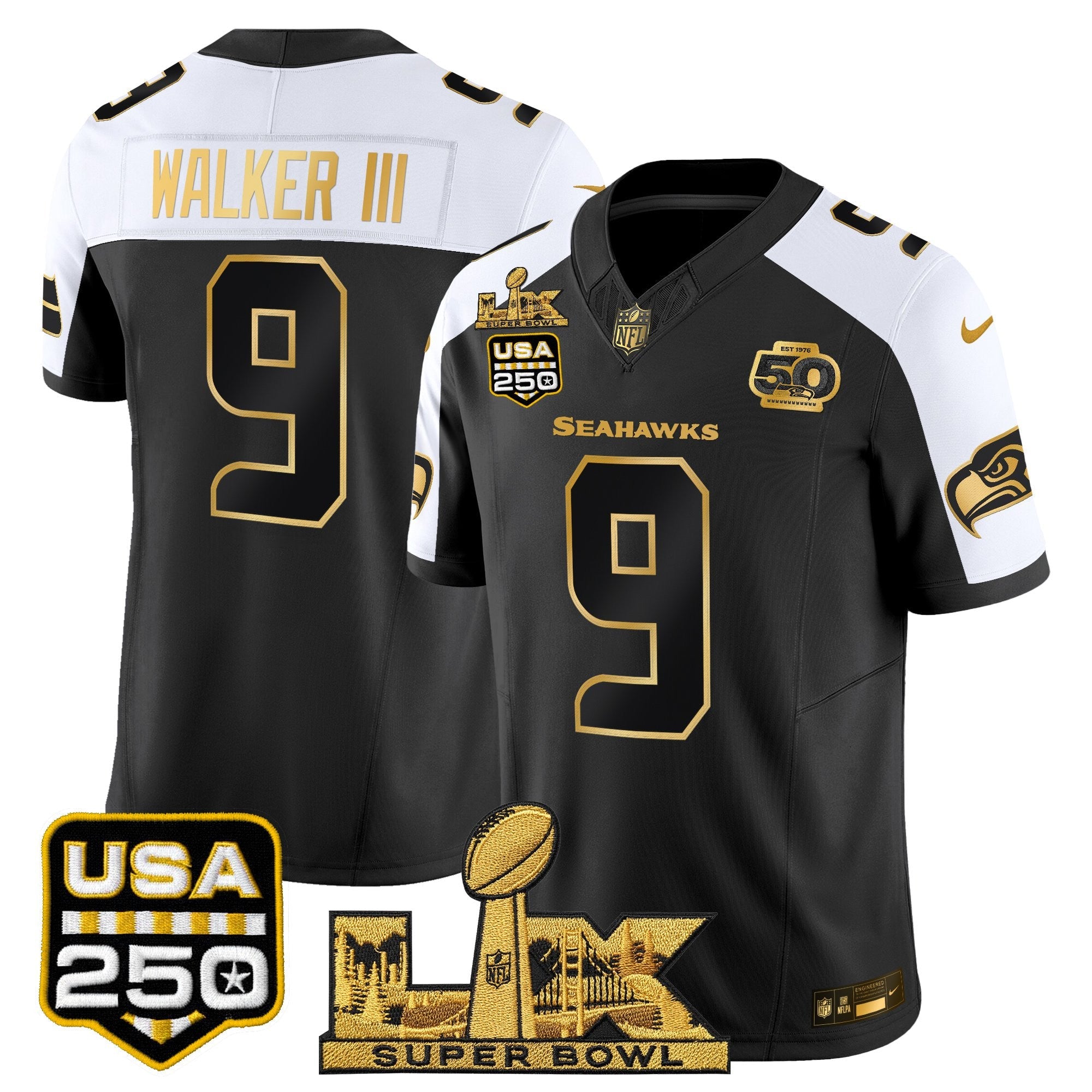 Men's Seattle Seahawks "Super Bowl LX & United States 250th Anniversary Patch" Gold Vapor Limited Jersey - All Stitched