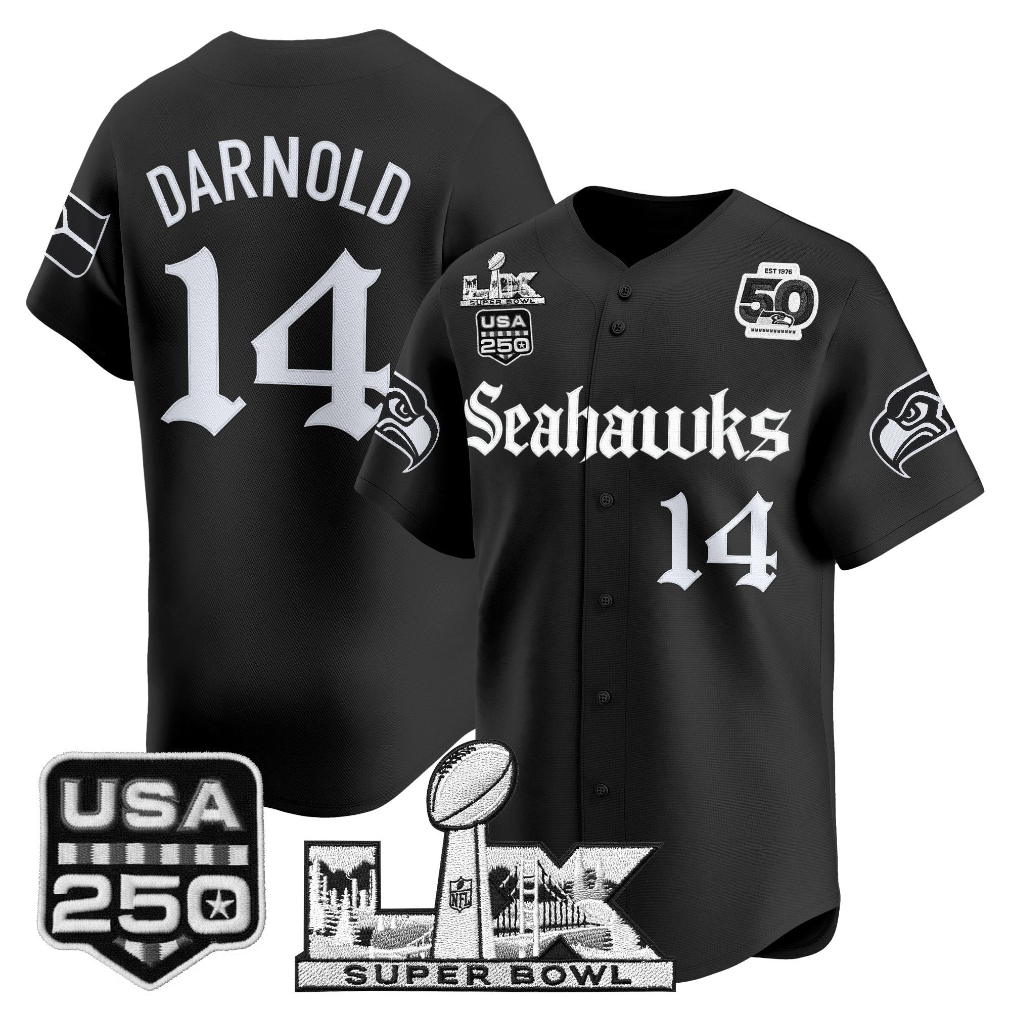 Men's Seattle Seahawks “Super Bowl LX & 50th Patch” Vapor Baseball Jersey - Gothic Edition - All Stitched