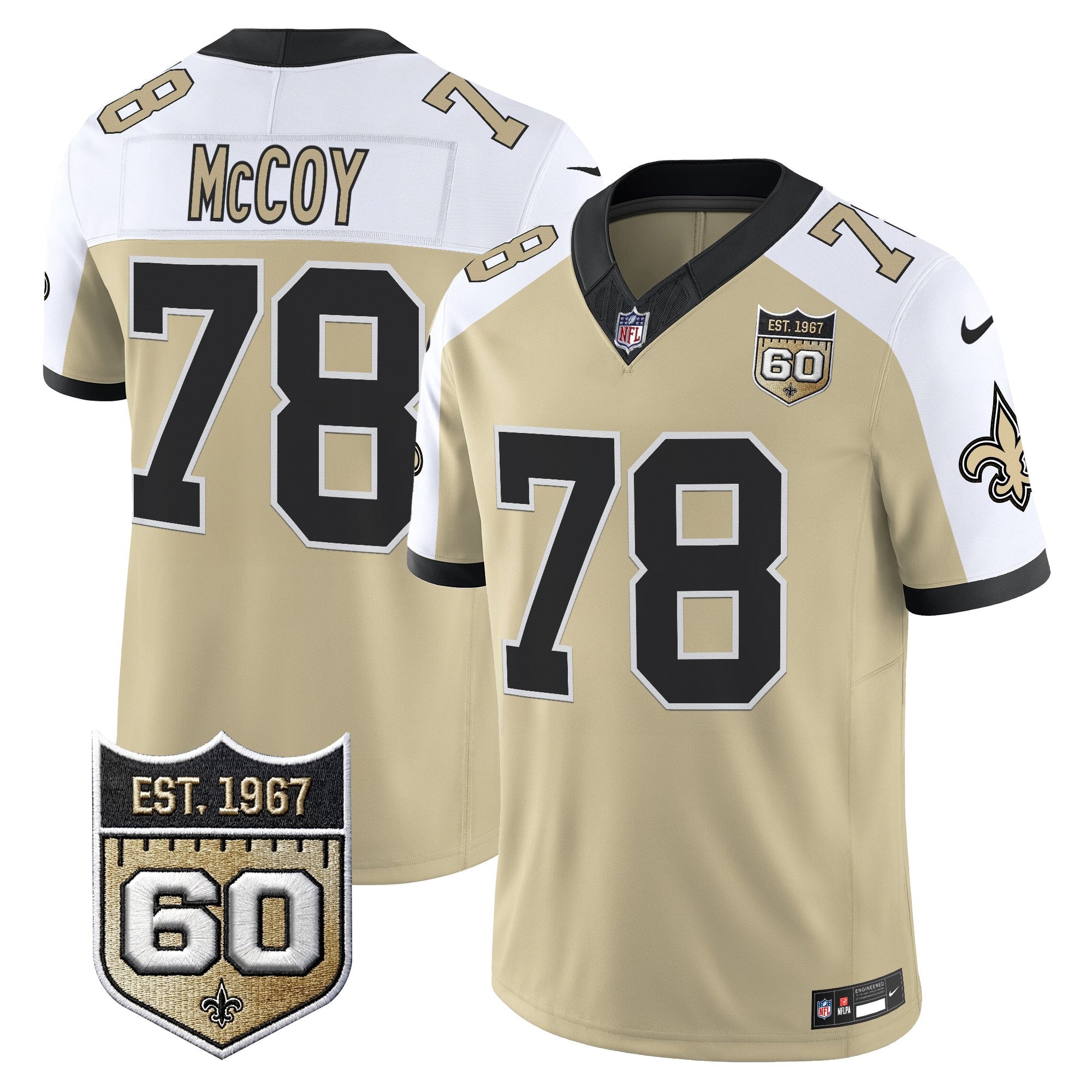 Men's New Orleans Saints 60th Anniversary Patch Vapor Jersey - Gameday Golds Edition - All Stitched
