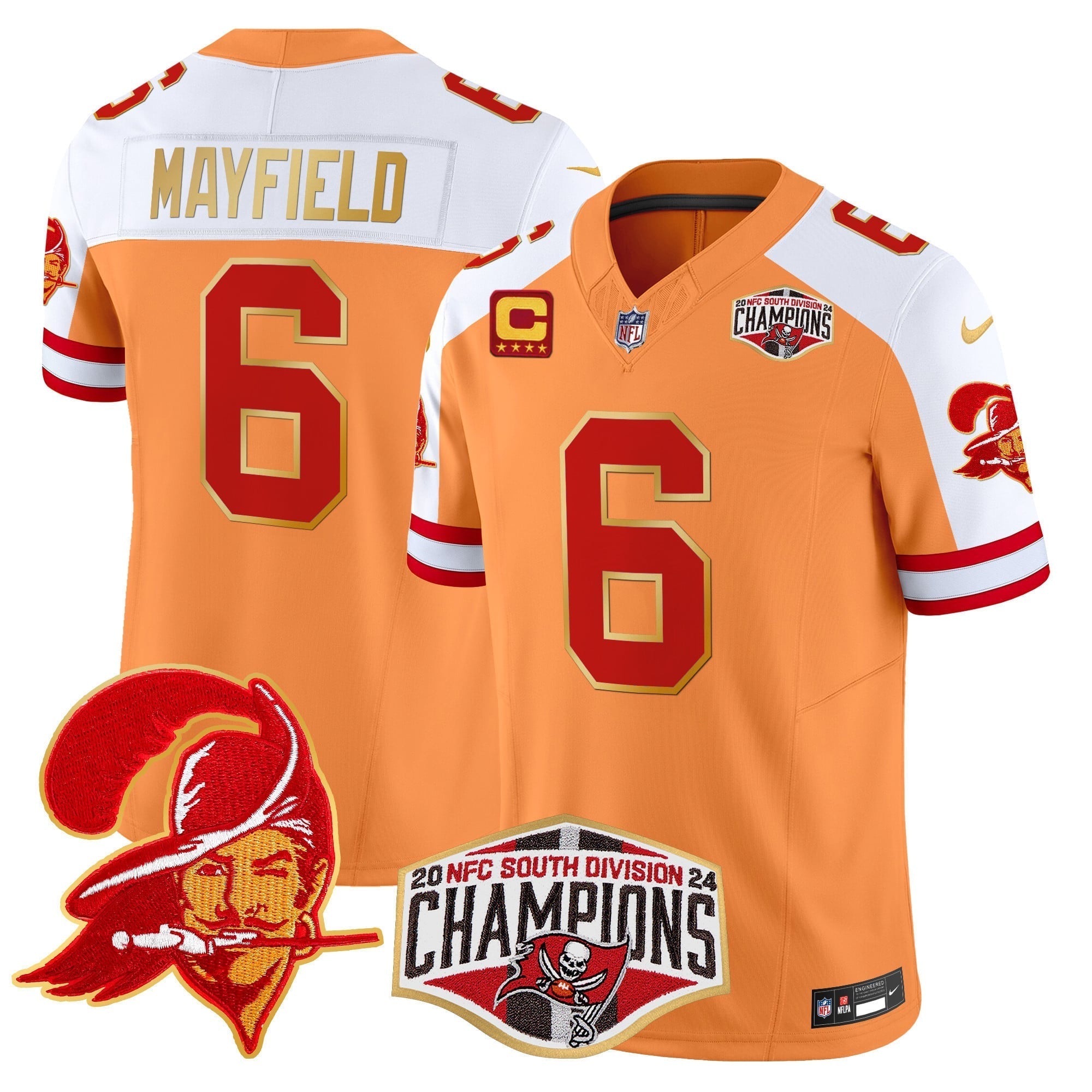 Men's Buccaneers Creamsicle 2024 NFC South Division Champions Patch Gold Trim Vapor Limited Jersey - All Stitched