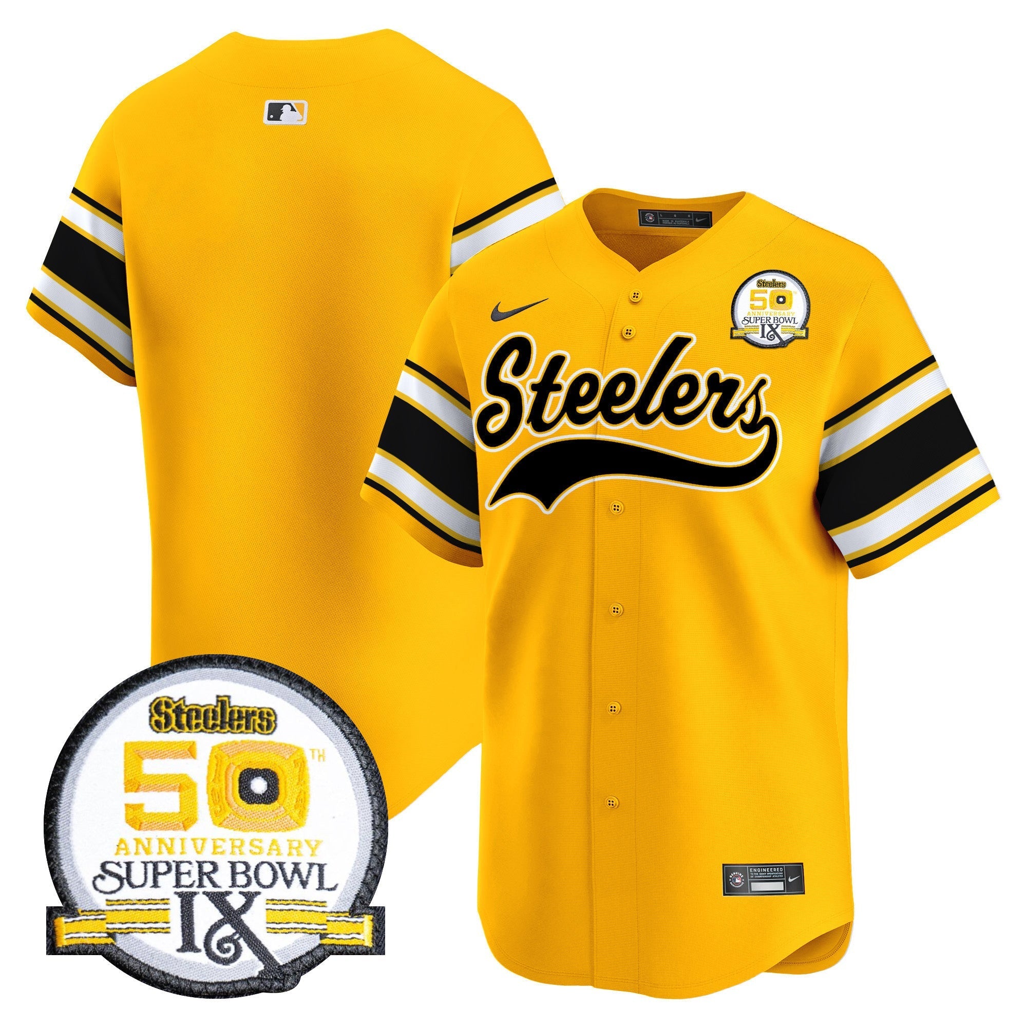 Men's Steelers 50th Anniversary Of Super Bowl IX Patch Vapor Premier Baseball Jersey - All Stitched