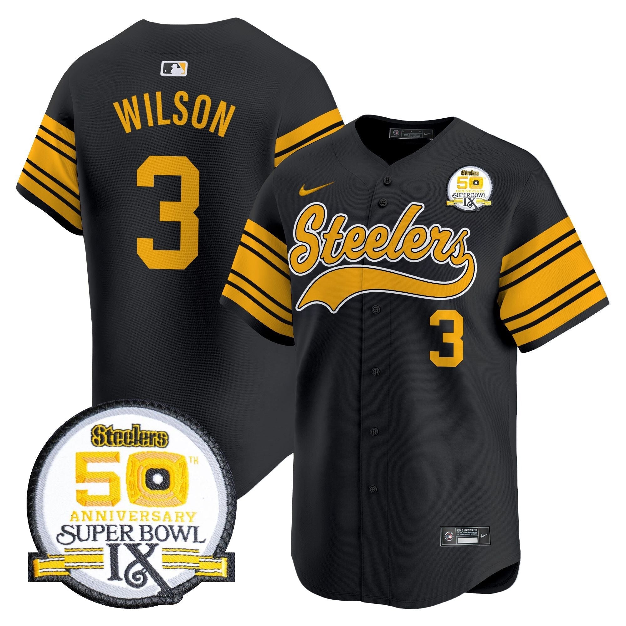 Men's Steelers 50th Anniversary Of Super Bowl IX Patch Vapor Premier Baseball Jersey - All Stitched