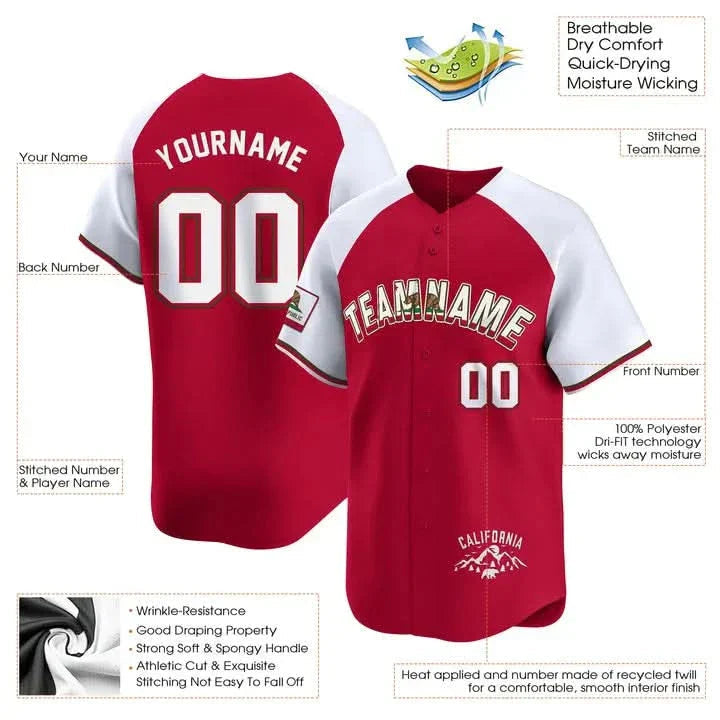 CUSTOM RED ALTERNATE WHITE CALIFORNIA FLAG BASEBALL JERSEY - EMBROIDERED