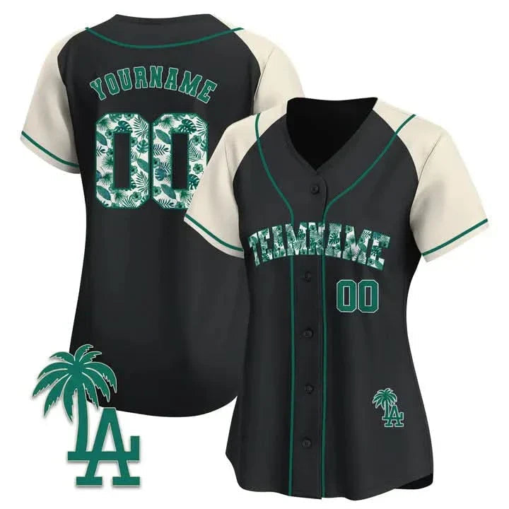 CUSTOM BLACK ALTERNATE GREEN TROPICAL FLORAL PATTERN BASEBALL JERSEY - EMBROIDERED
